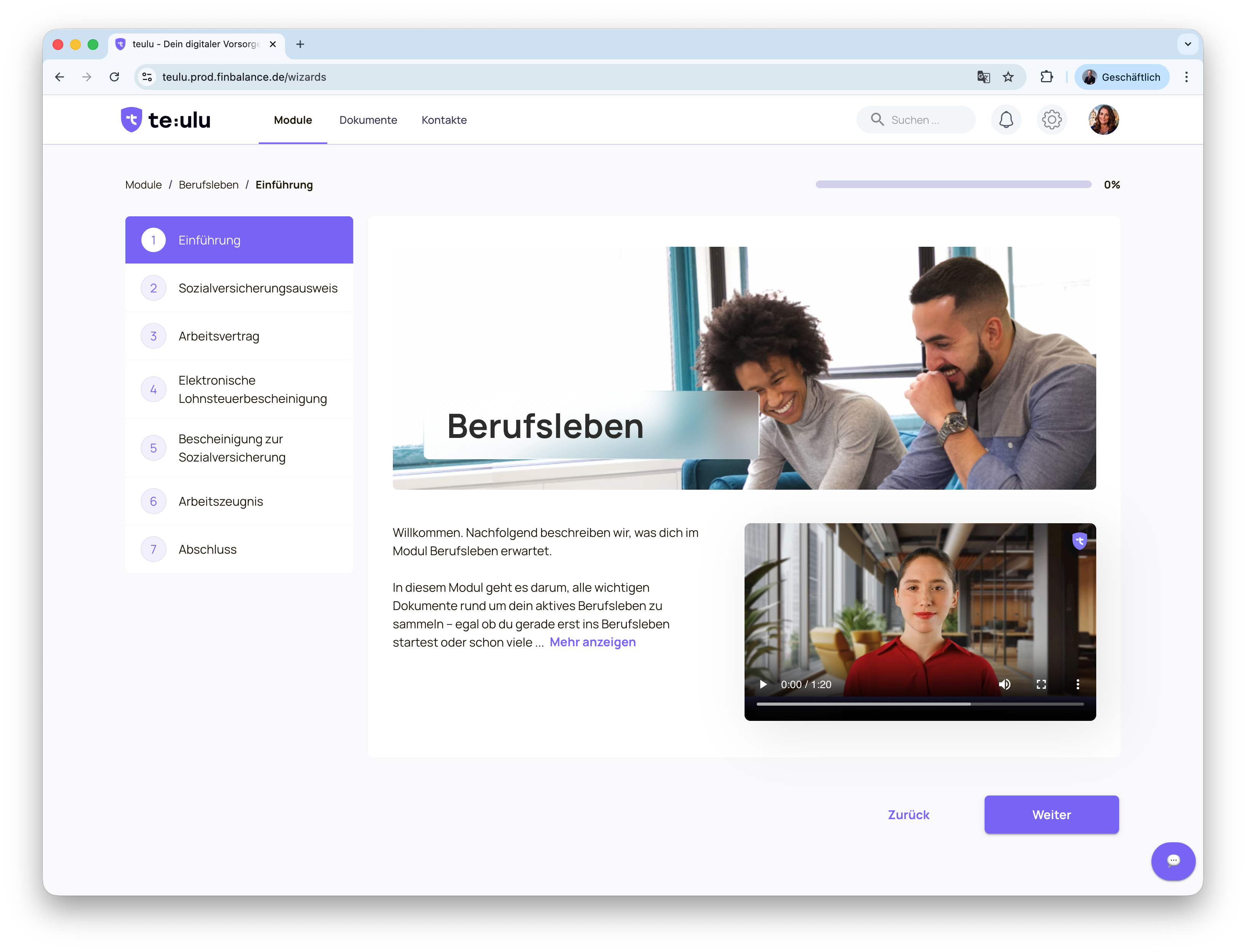 Screenshot der Titelseite des Moduls Berufsleben