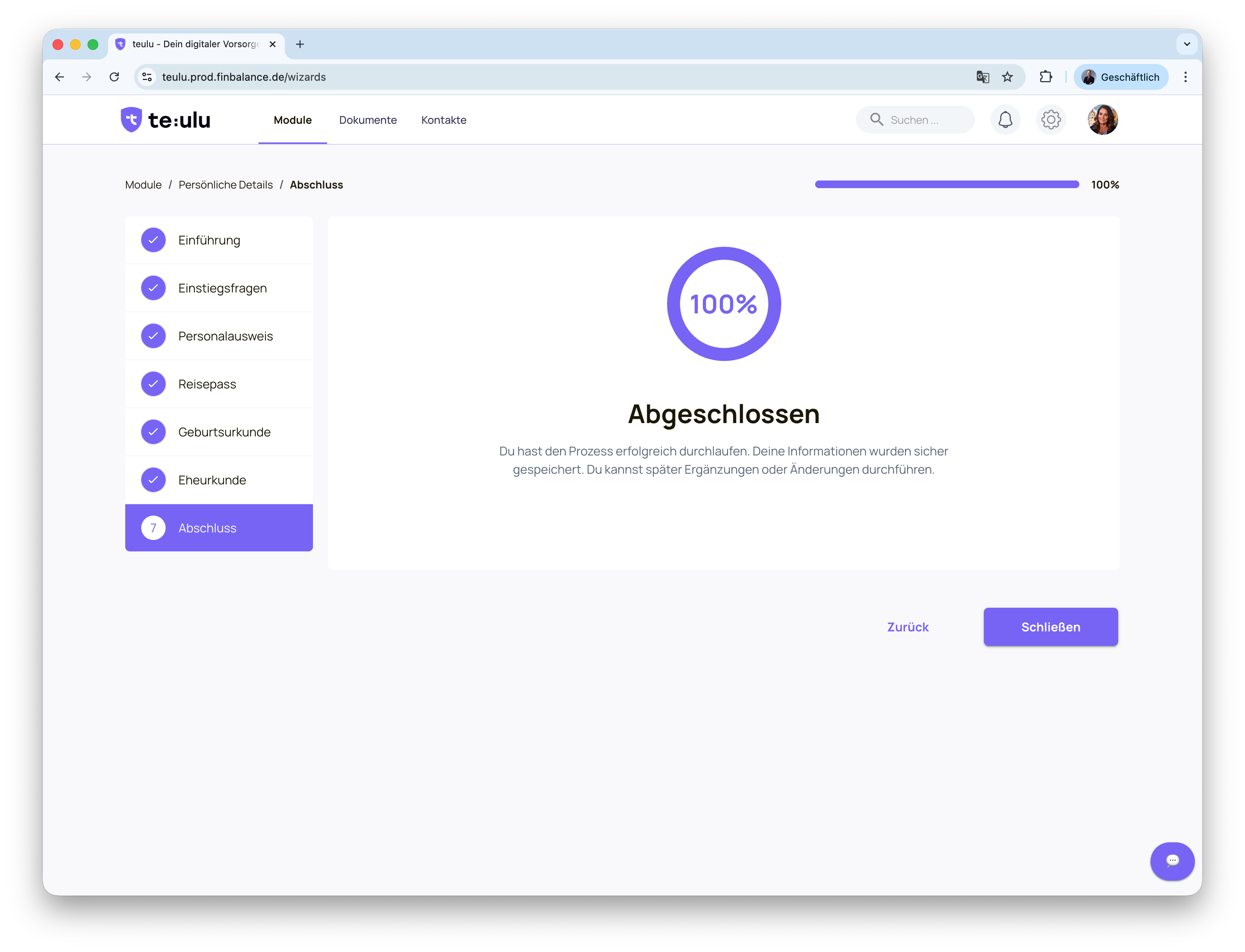 Screenshot der Fortschrittsanzeige in Teulu, wenn alle Dokumente für ein Modul hinterlegt sind.