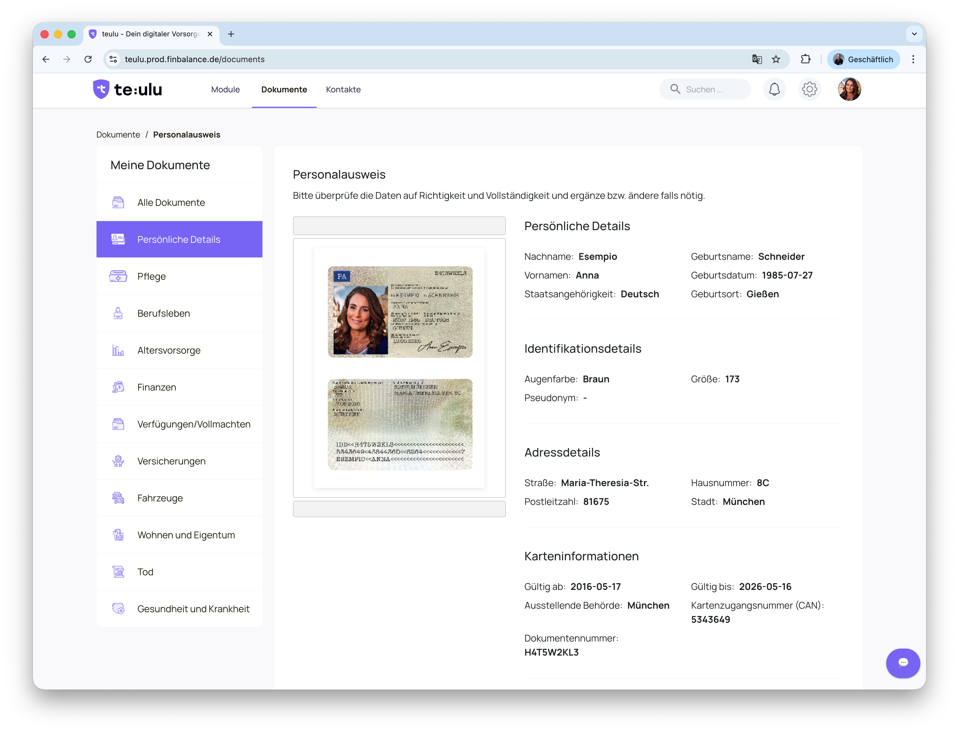 Screenshot der Dokumentansicht in Teulu