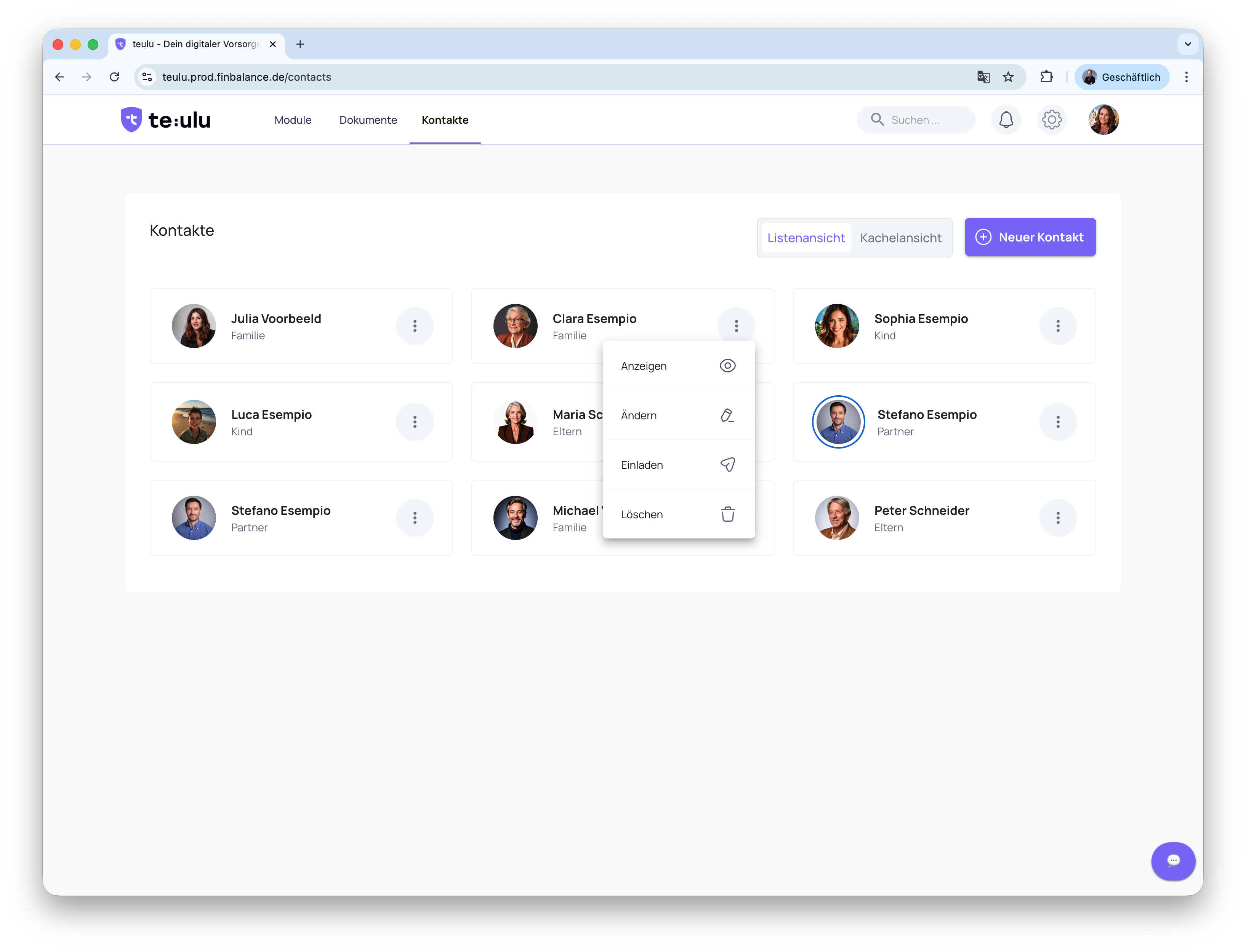 Screenshot der Teulu Kontakte Seite.