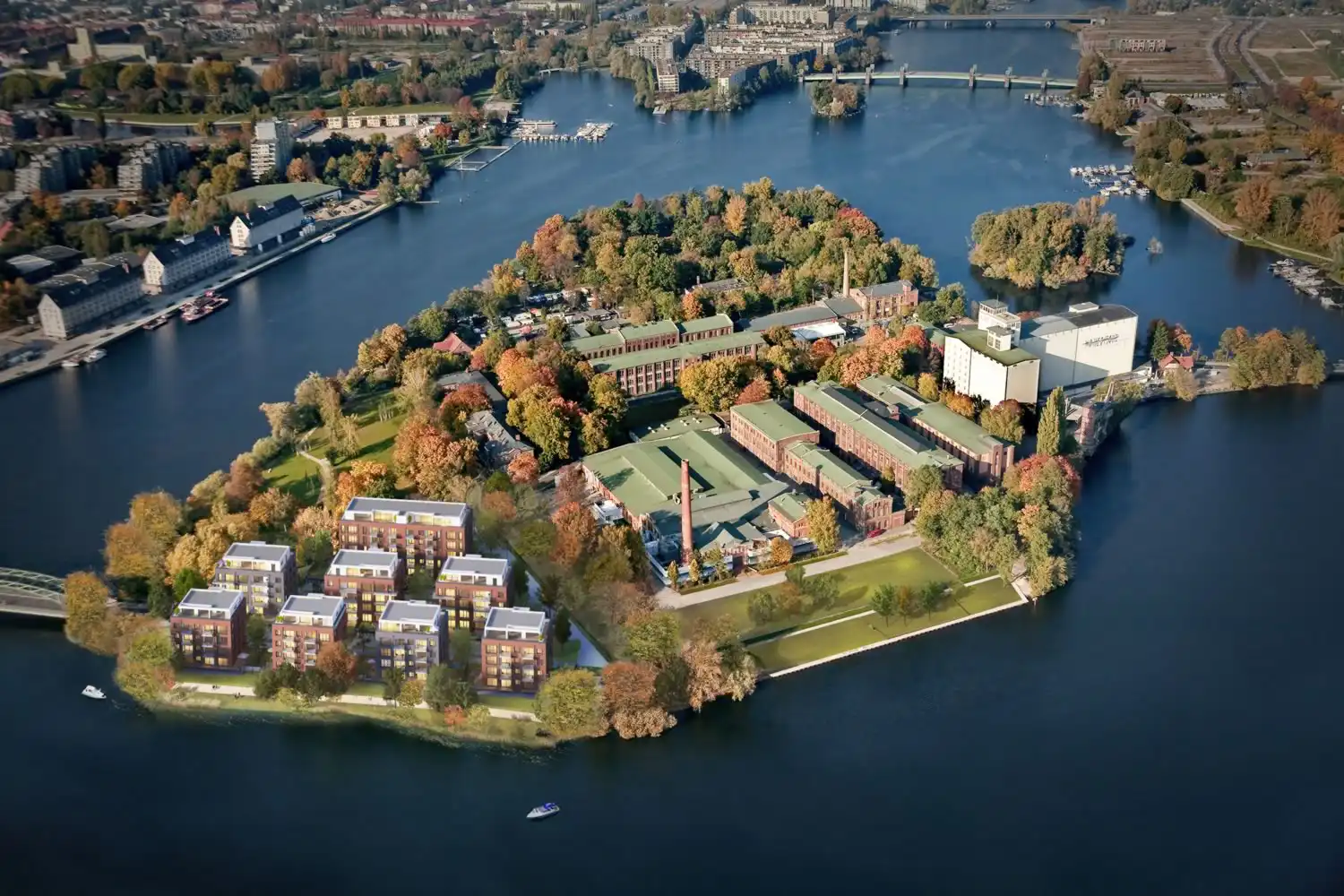 Dronenbild von der Insel Eiswerder in Berlin