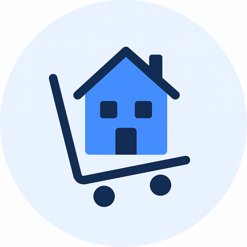 Blue icon with a house in a moving cart