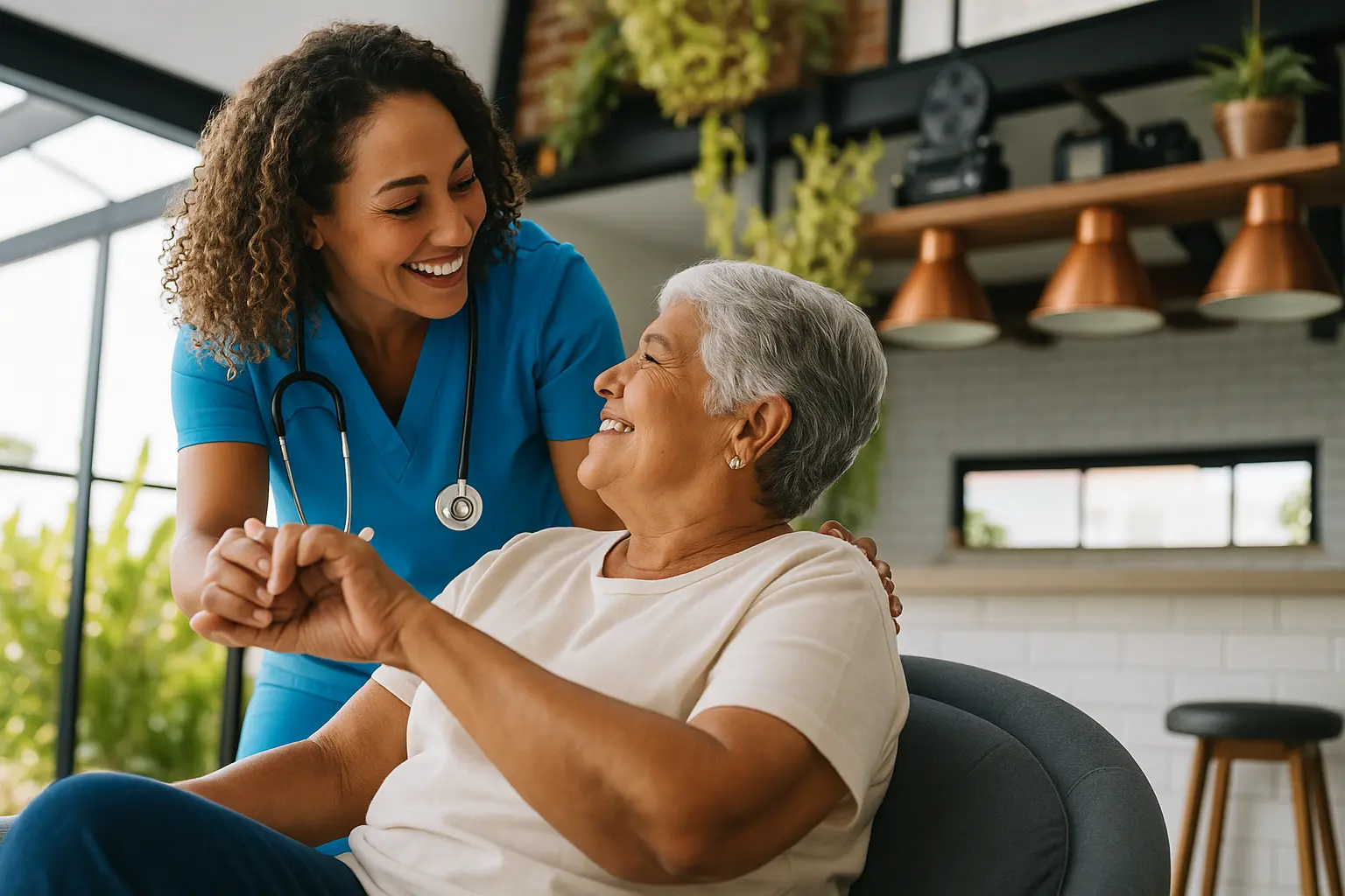 A woman providing home care to a senior