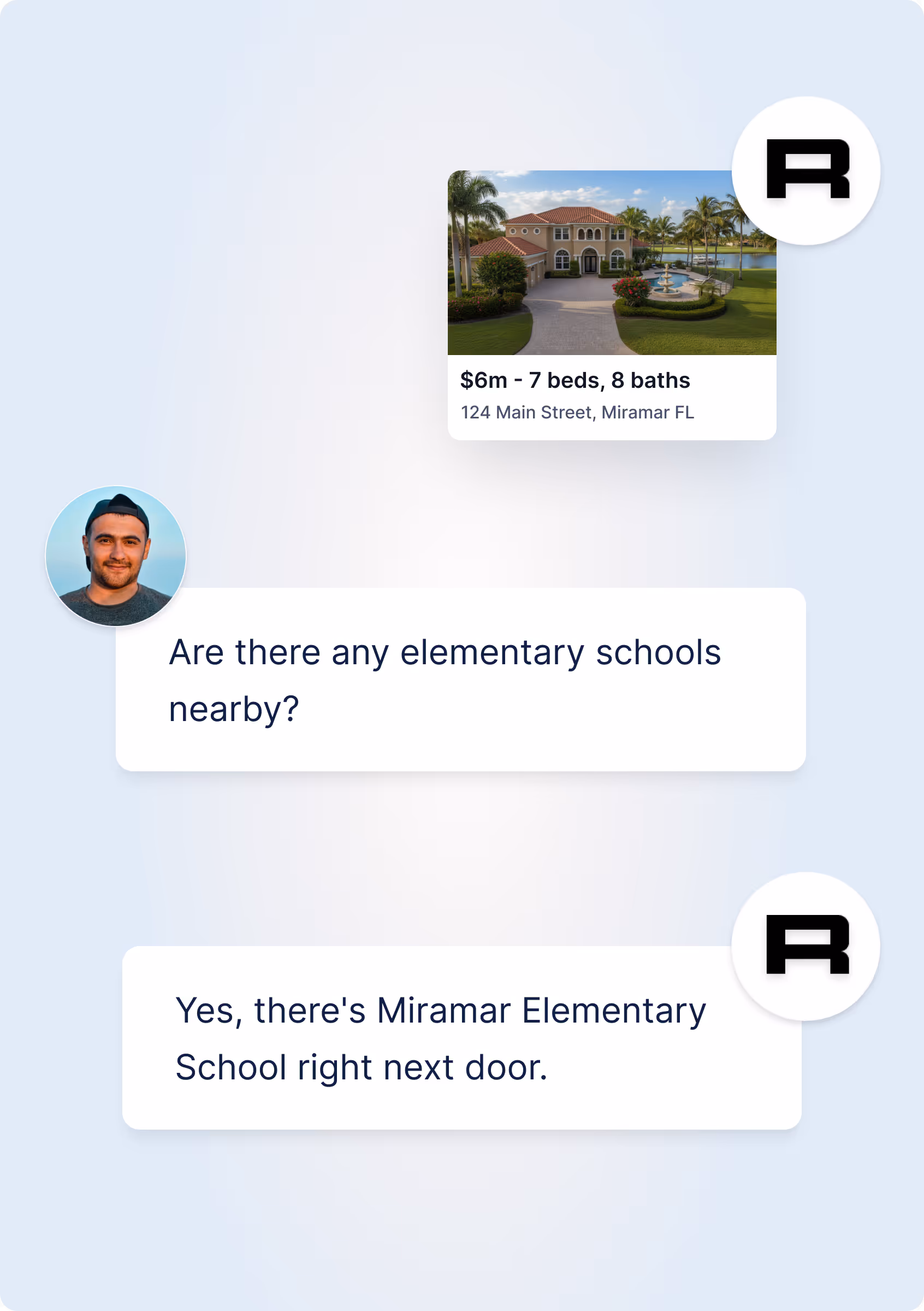 Chat asks about nearby elementary schools and replies that Miramar Elementary School is right next door.