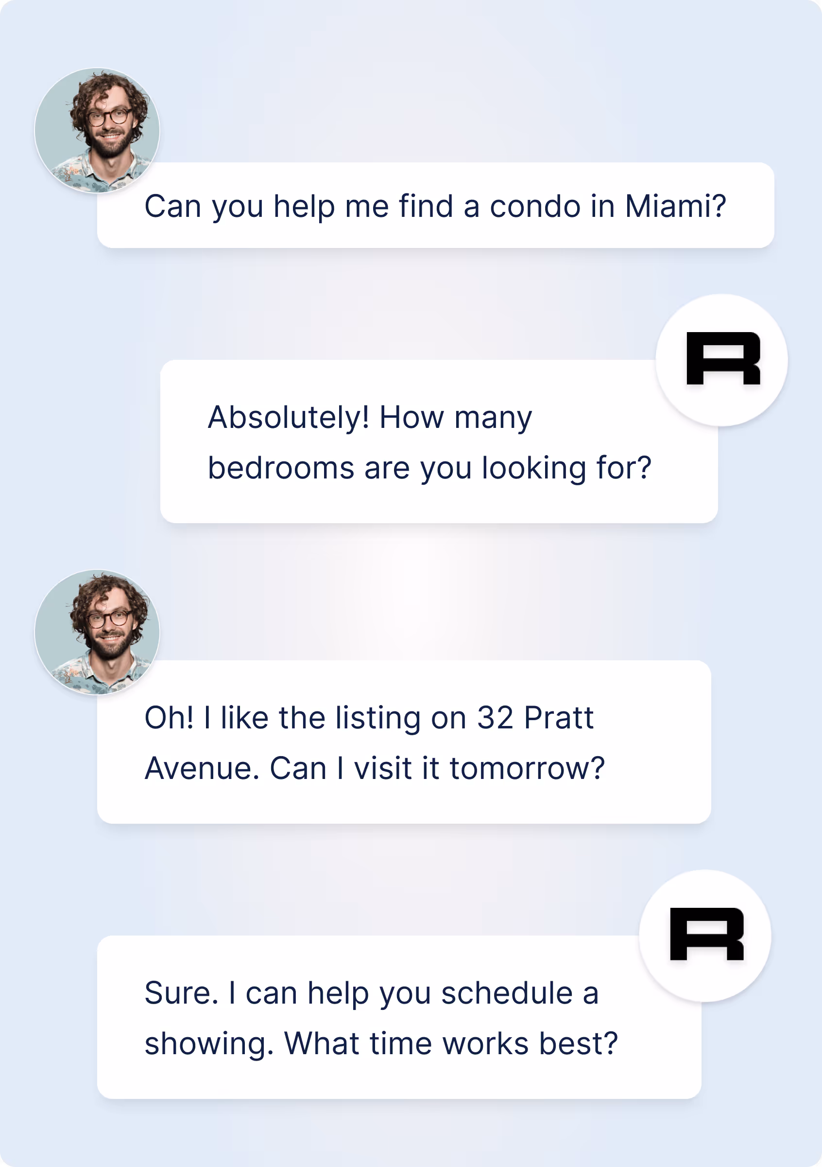 Chat shows condo search in Miami and a request to visit 32 Pratt Avenue with a prompt to choose a showing time.