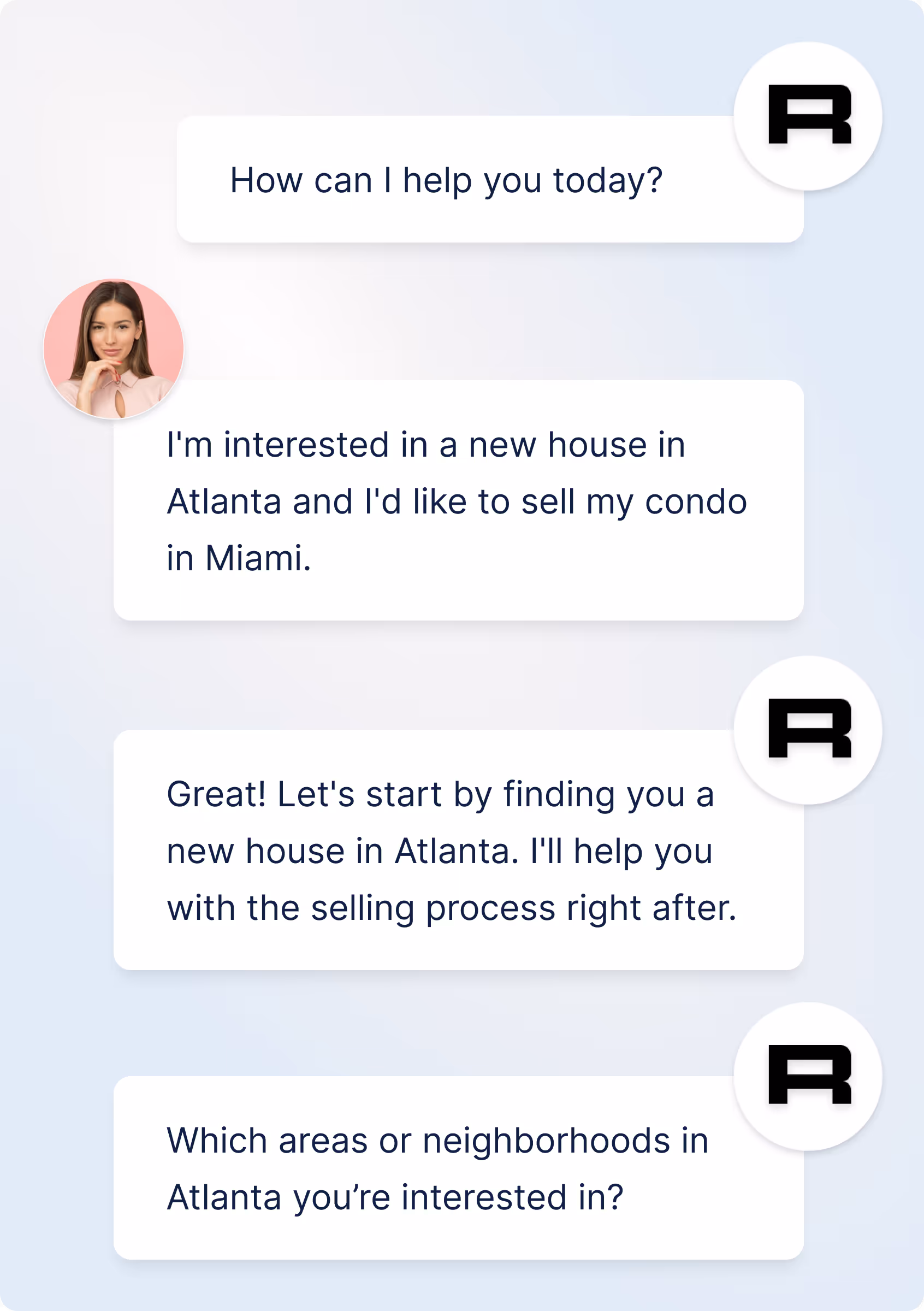 Chat shows request for a new house in Atlanta and to sell a condo in Miami with follow up question about neighborhoods.