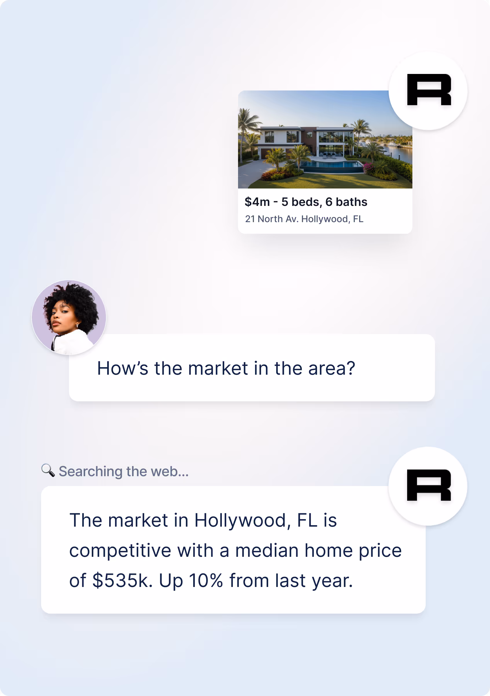 Chat shows market question and answer about Hollywood Florida median home price 535k up 10 percent.