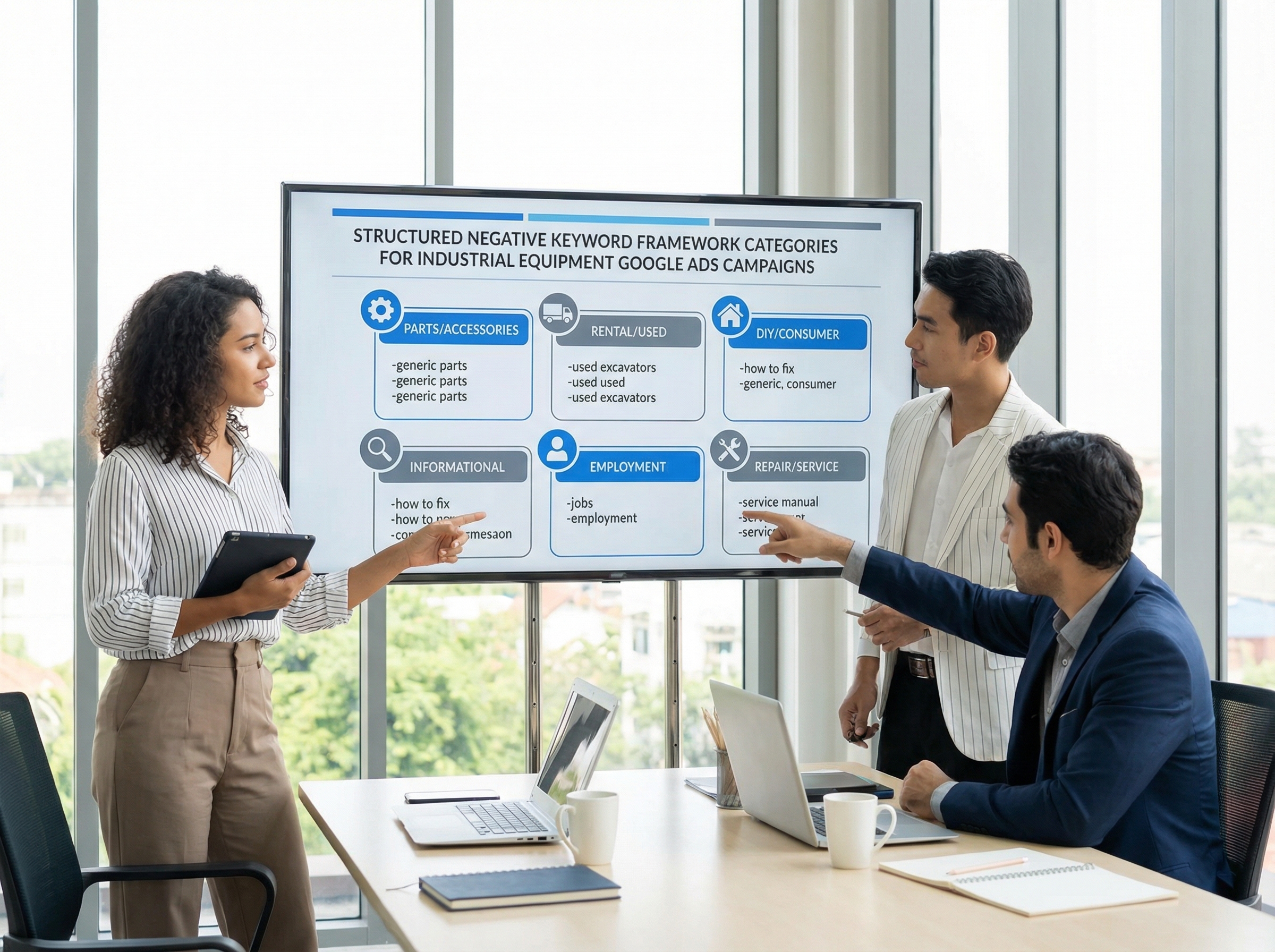 Structured negative keyword framework categories for industrial equipment Google Ads campaigns