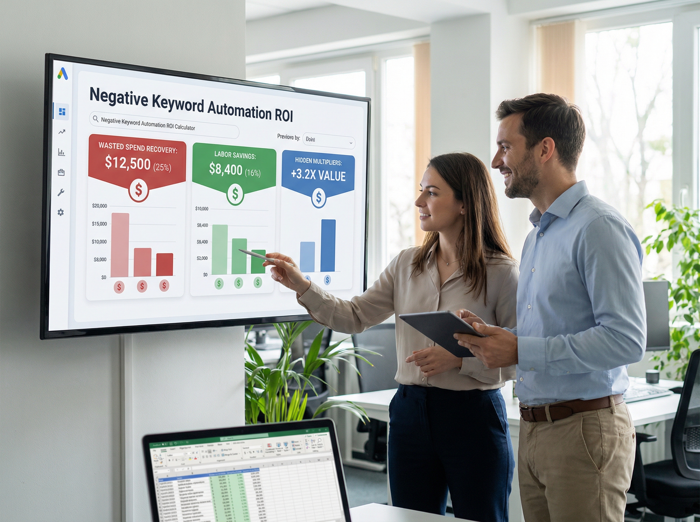 Negative keyword automation ROI calculation dashboard with value components breakdown