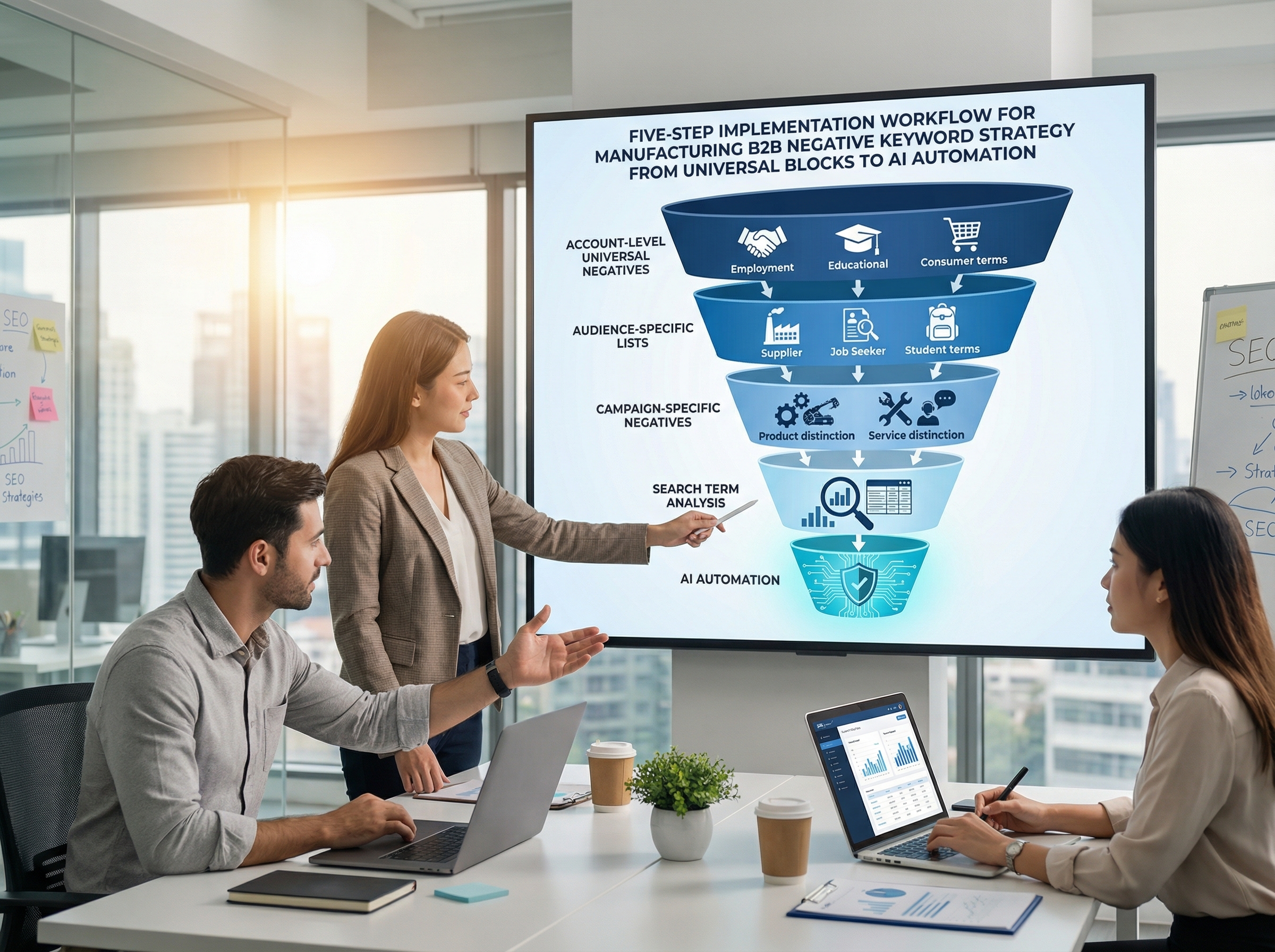 Five-step implementation workflow for manufacturing B2B negative keyword strategy from universal blocks to AI automation