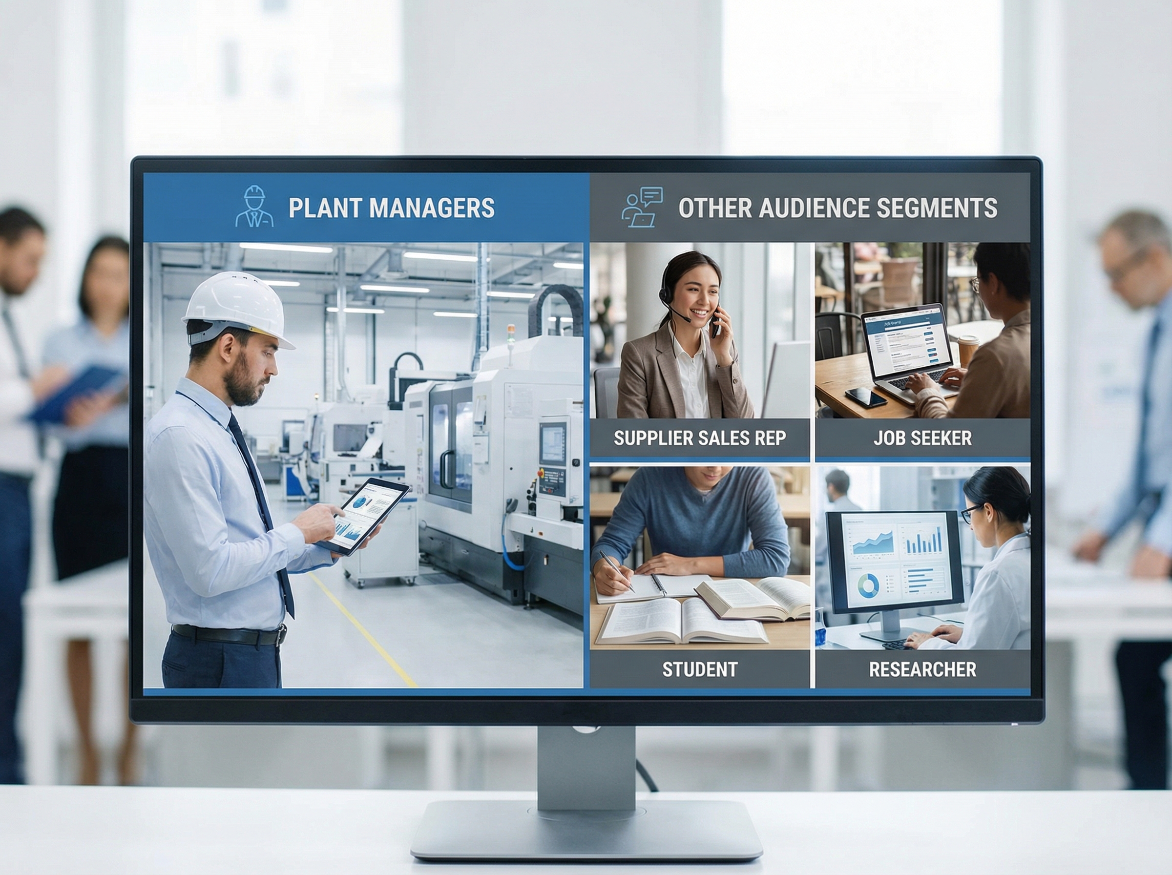 Manufacturing B2B search audience segmentation showing plant managers versus suppliers, job seekers, students and researchers