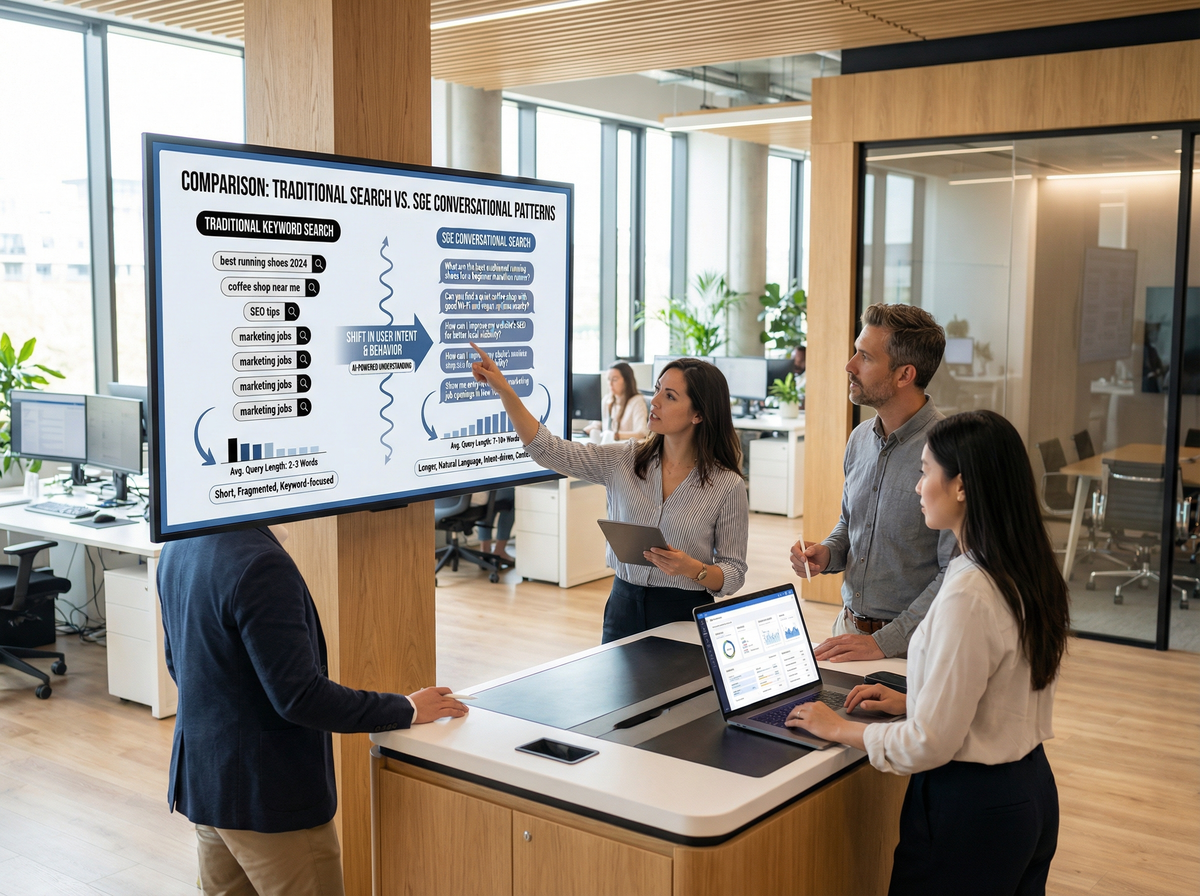 Comparison of traditional search queries versus SGE conversational search patterns