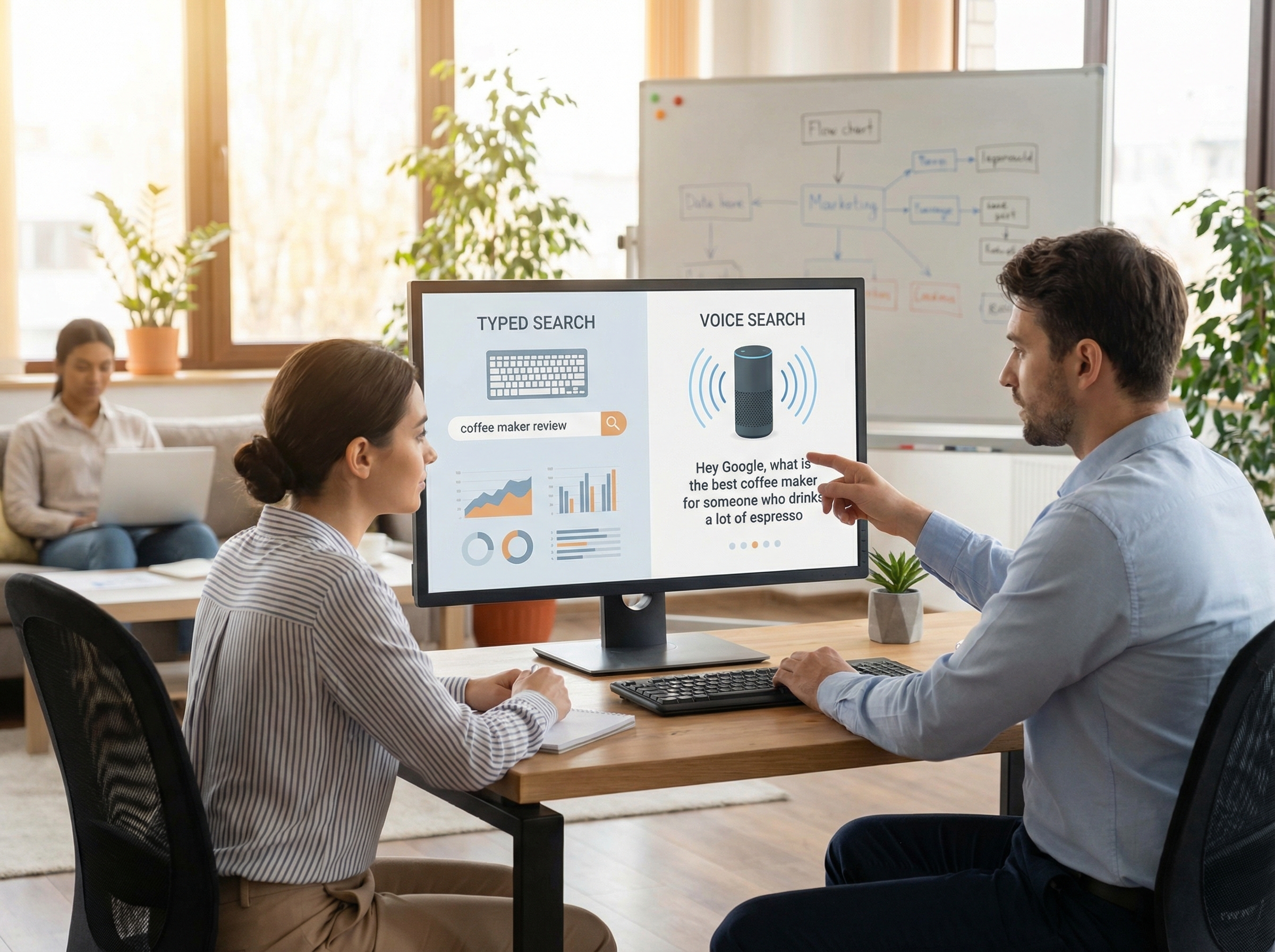 Comparison of typed versus voice search query patterns showing length and structure differences