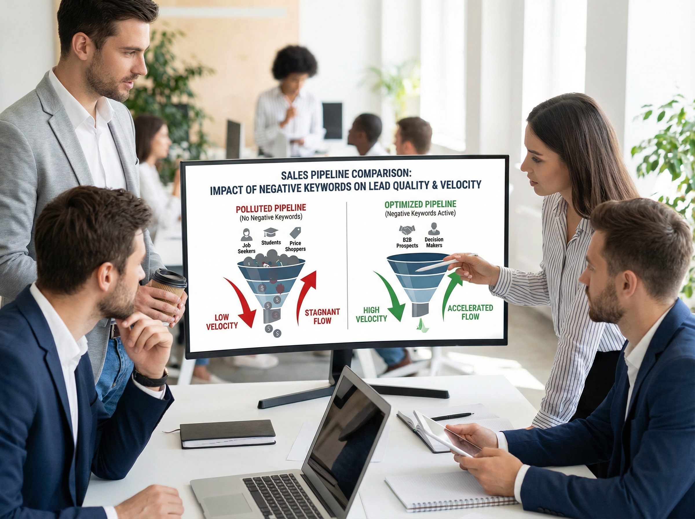 Sales pipeline comparison showing impact of negative keywords on lead quality and velocity