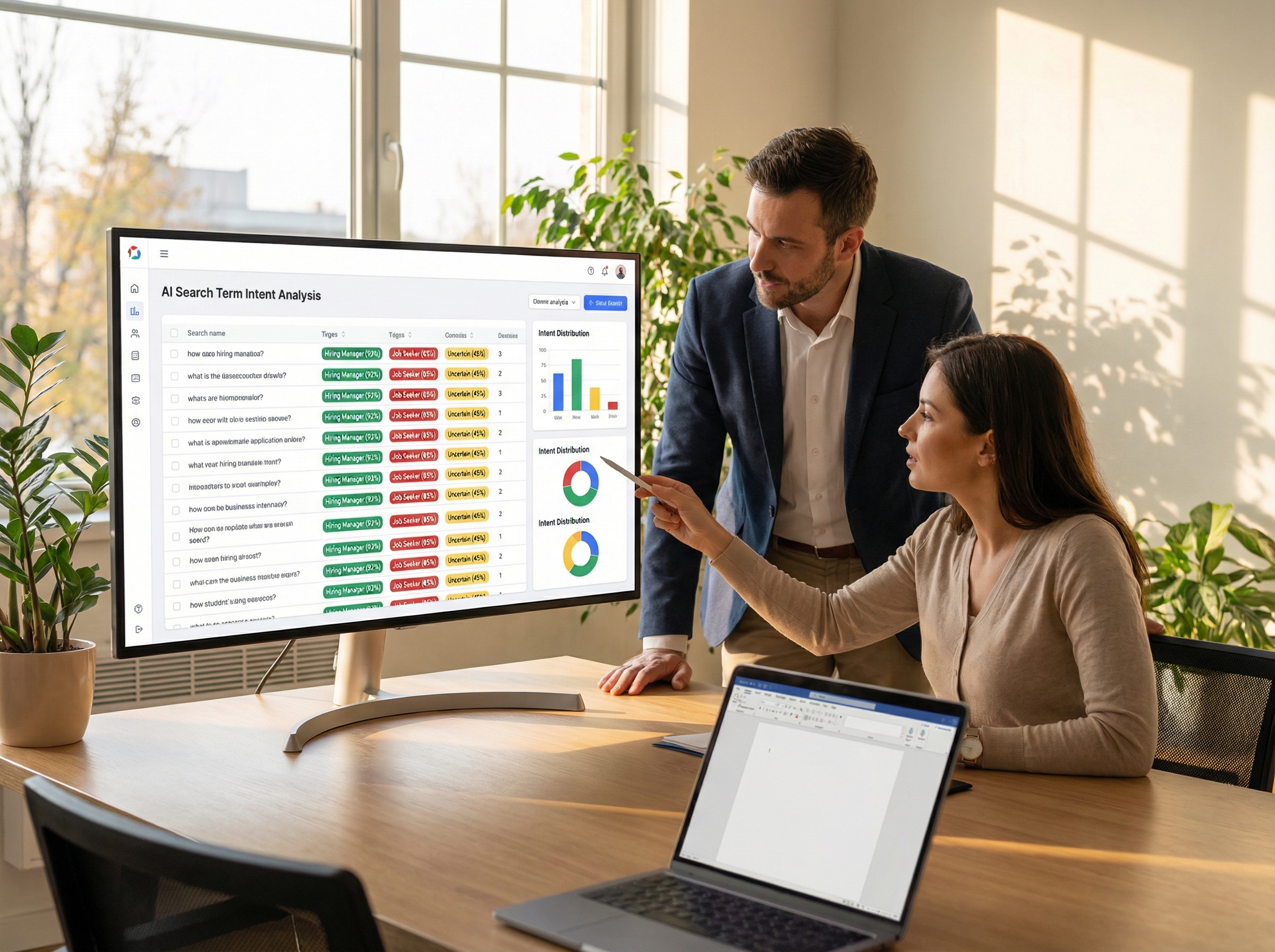 AI search term classification dashboard analyzing hiring manager versus job seeker intent