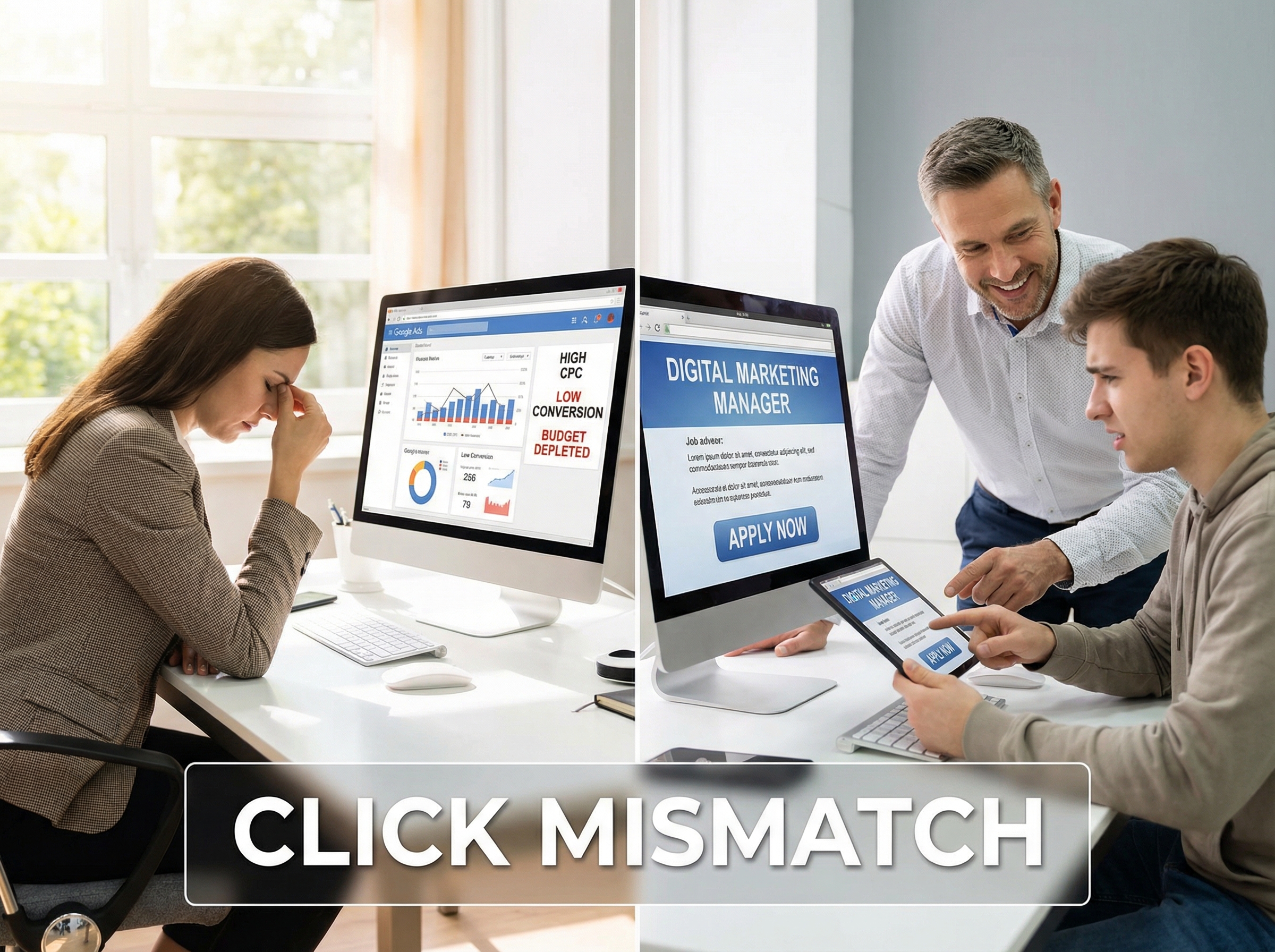 Staffing agency Google Ads showing job seeker vs hiring manager click intent mismatch