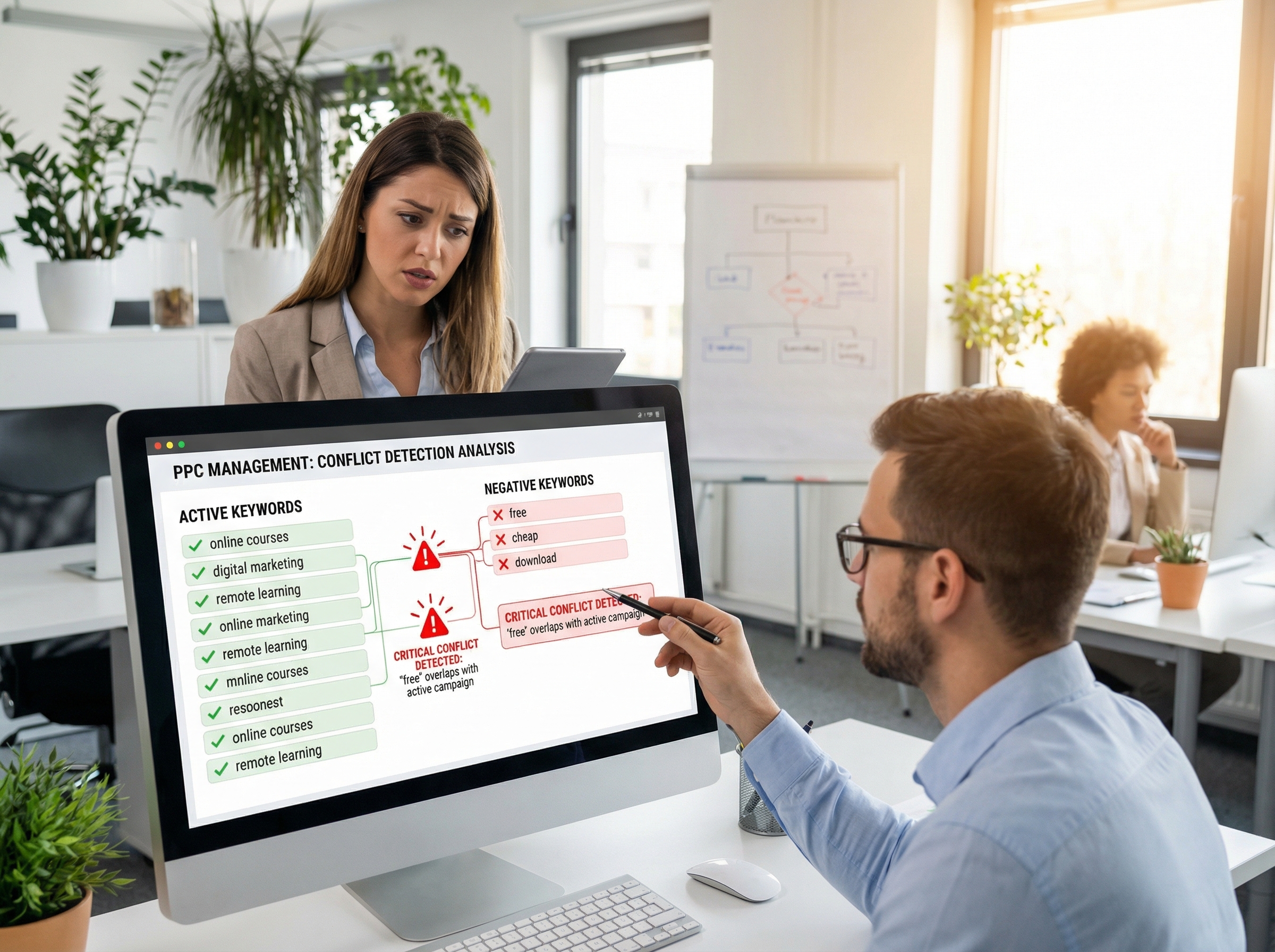 Negative keyword conflict detection tool showing overlaps with active keywords