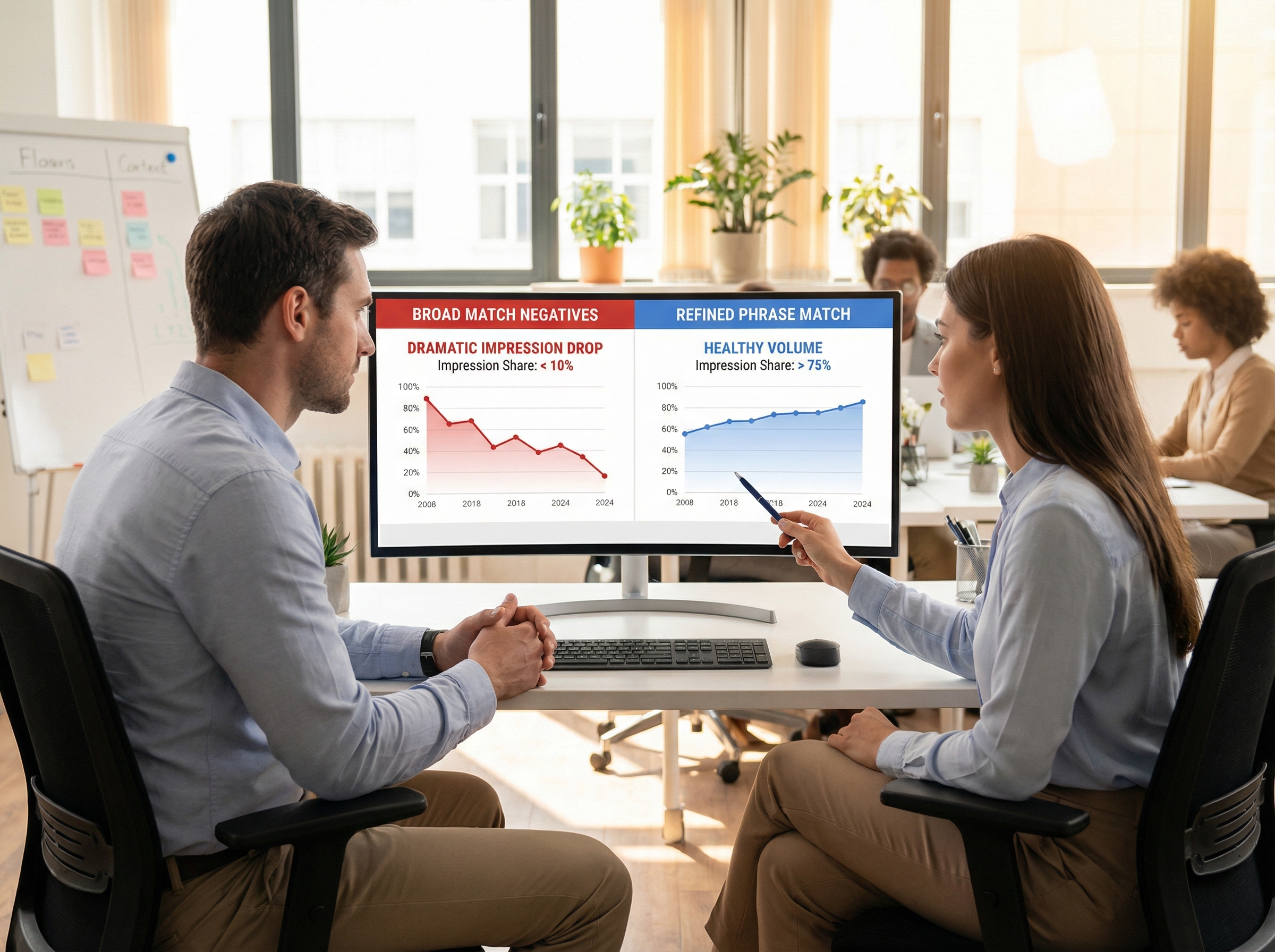 Comparison of broad match versus phrase match negative keyword impact on campaign performance
