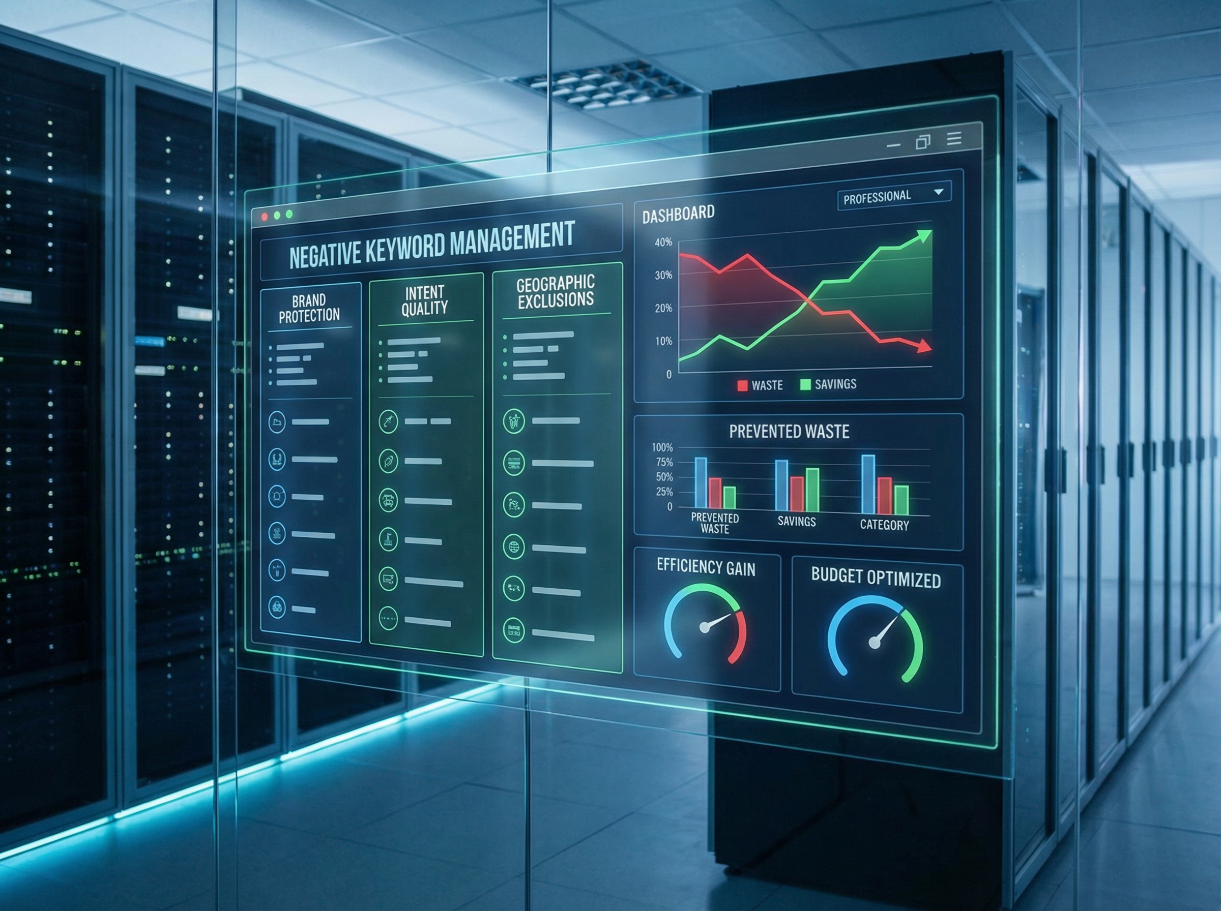 Systematized negative keyword library with performance metrics dashboard