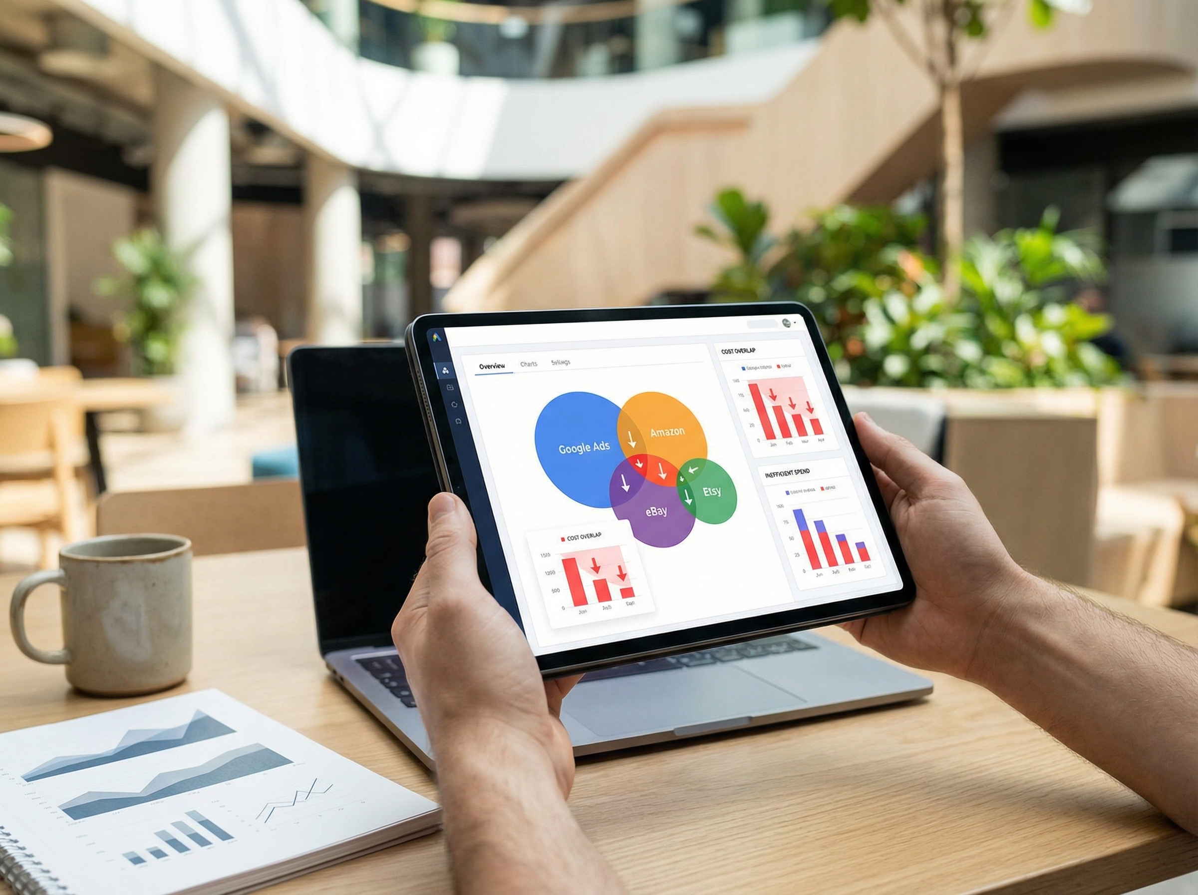 Marketplace seller reviewing traffic cannibalization analysis dashboard showing Google Ads overlap with Amazon, Etsy, and eBay