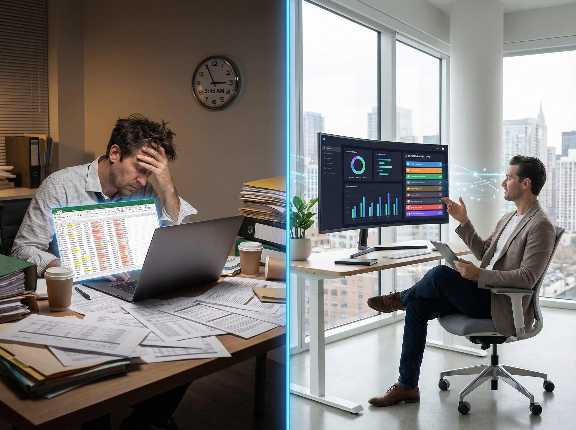 Before and after comparison of manual versus AI-assisted negative keyword management