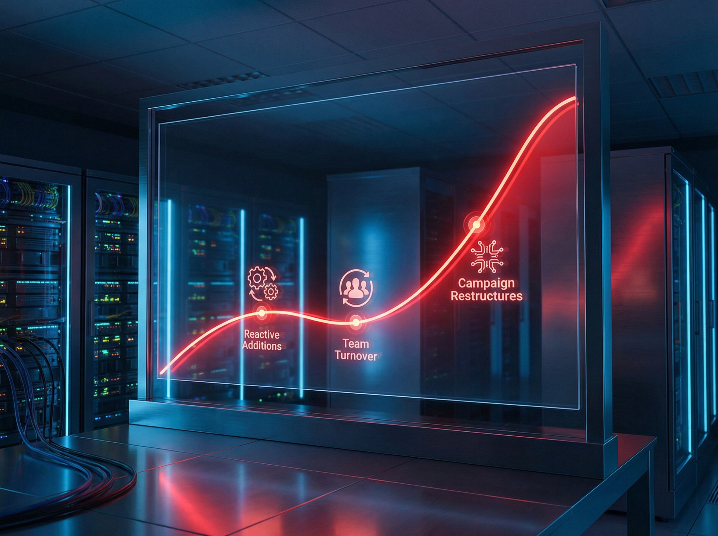 Technical debt accumulation graph showing exponential growth of negative keyword complexity
