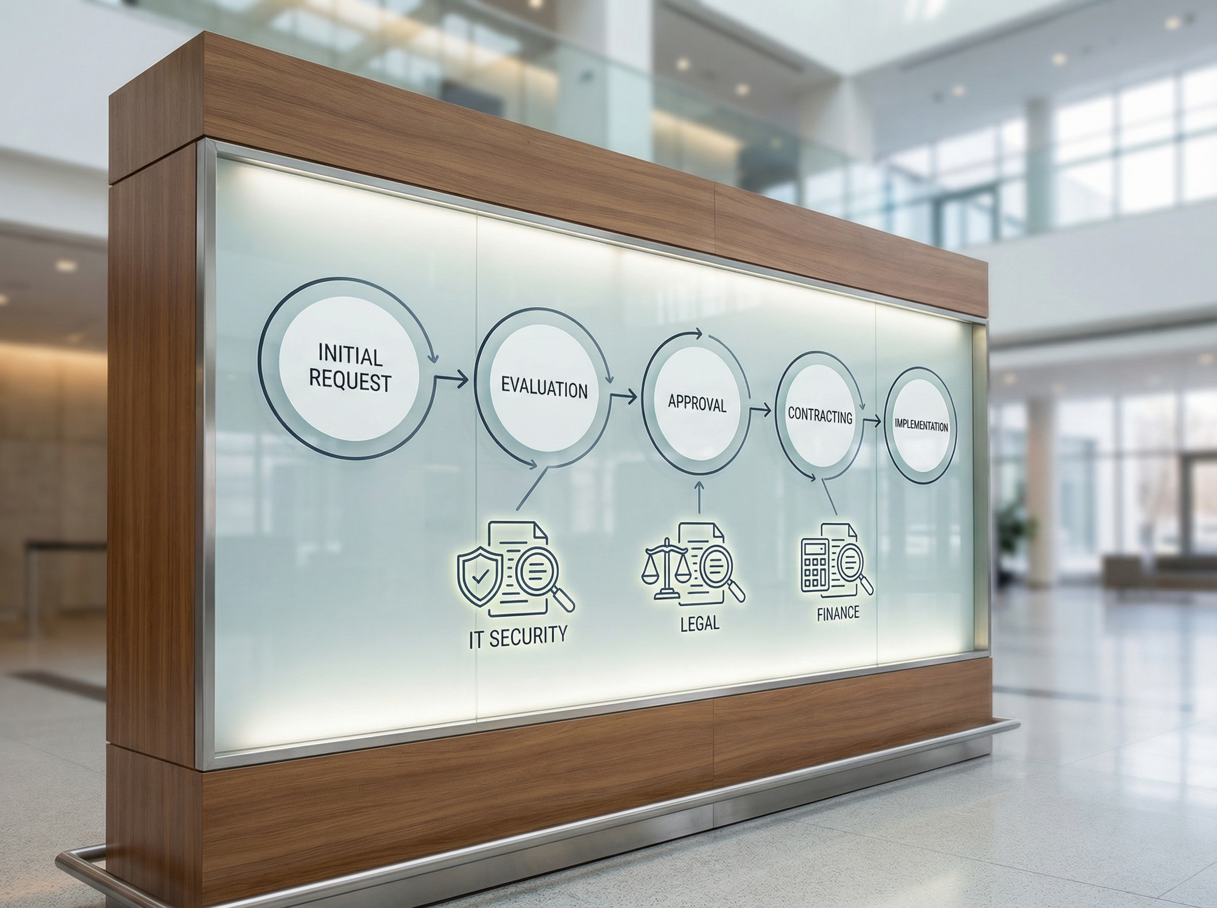 Enterprise procurement approval workflow with stakeholder review stages