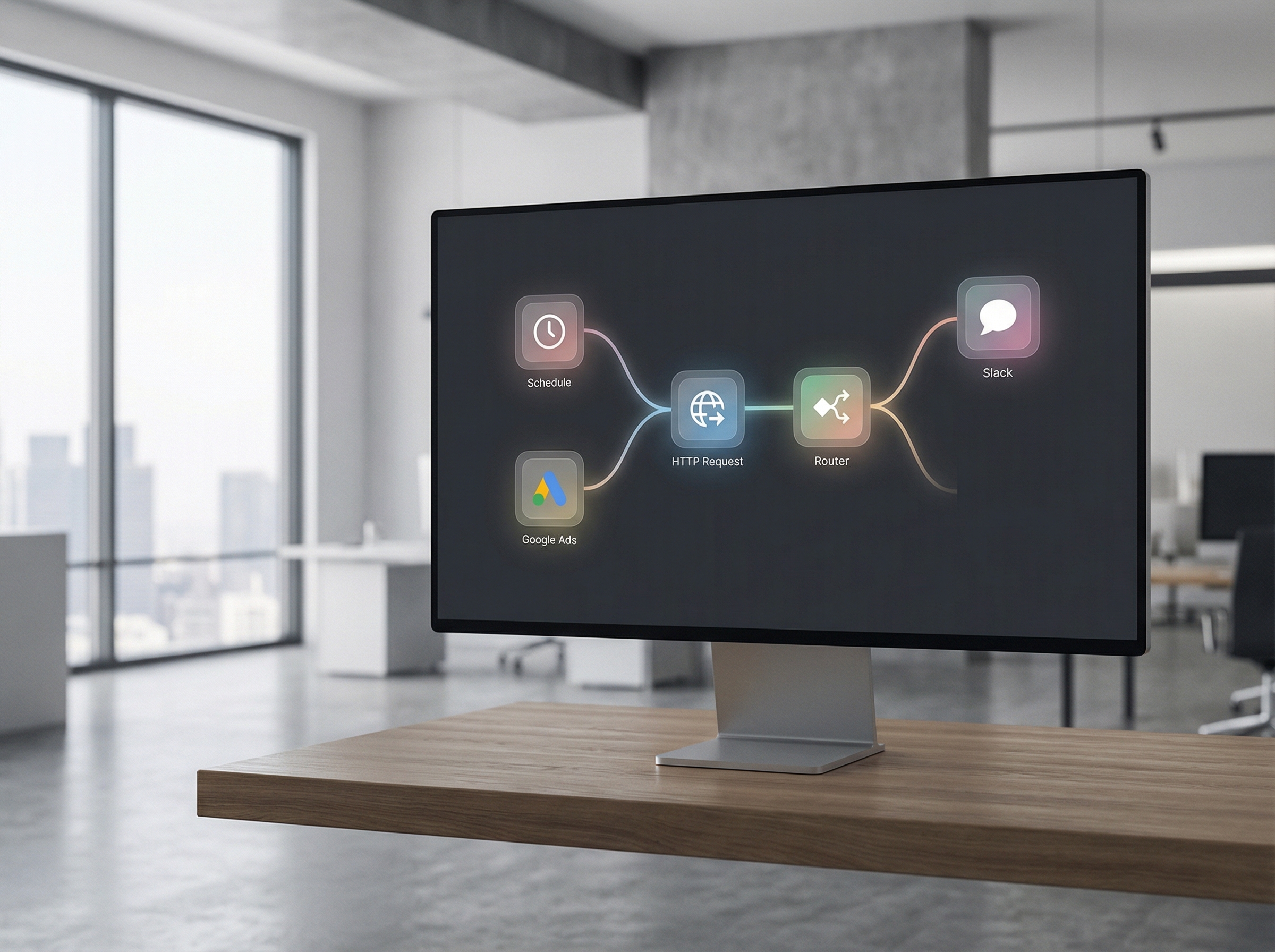 Make.com workflow builder showing automated negative keyword analysis workflow with connected modules