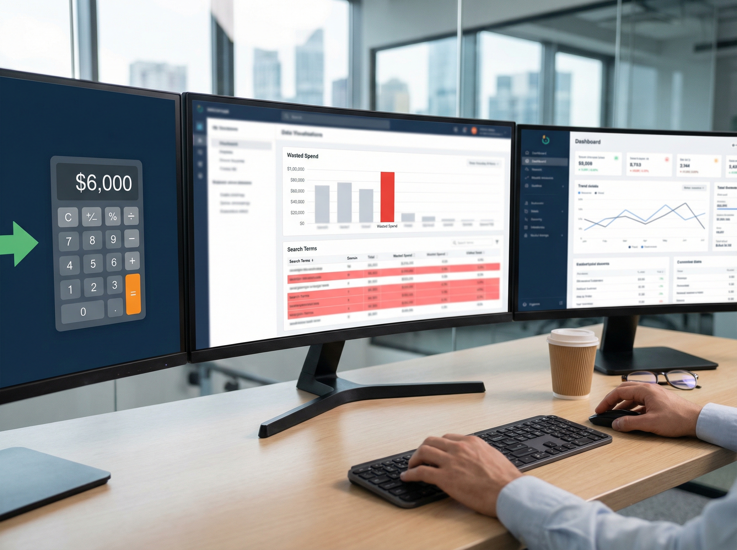 PPC manager analyzing wasted spend metrics and negative keyword savings in Google Ads dashboard