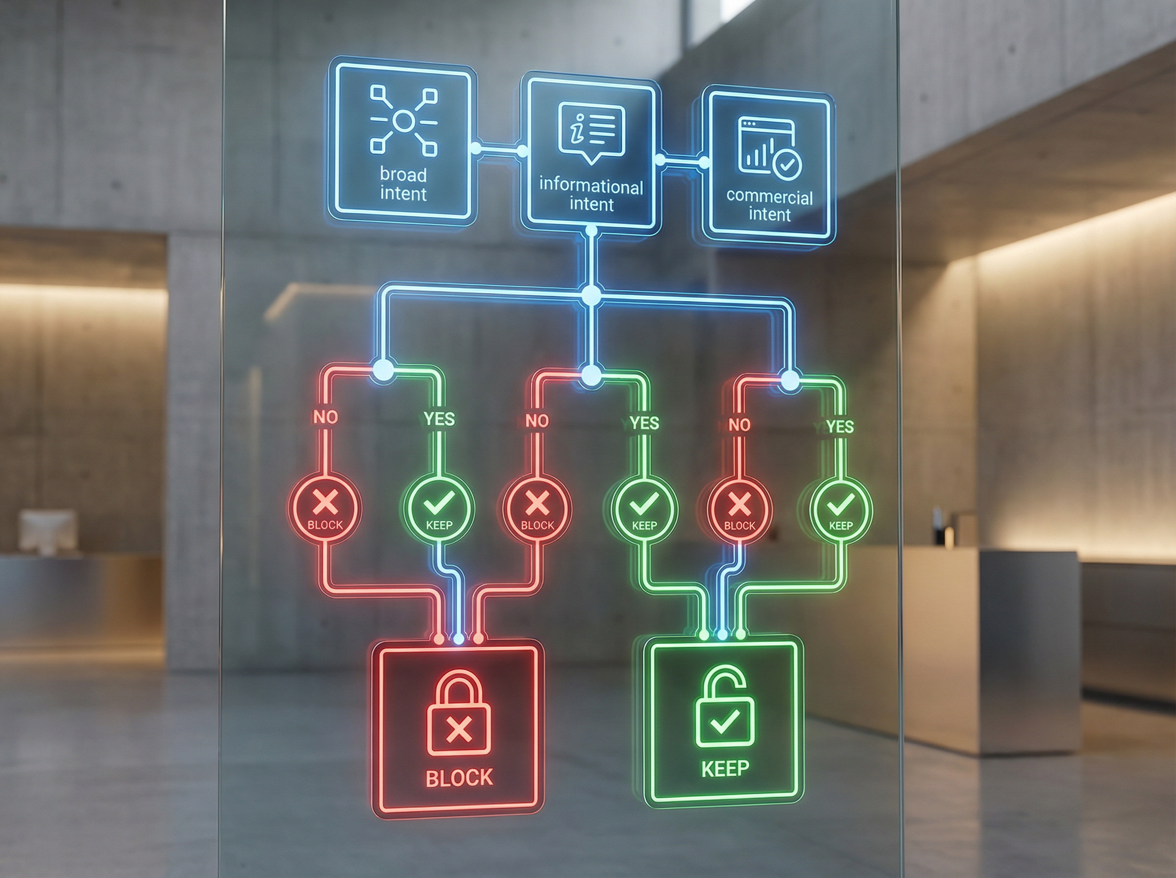 Three-question decision framework flowchart for classifying negative keywords quickly