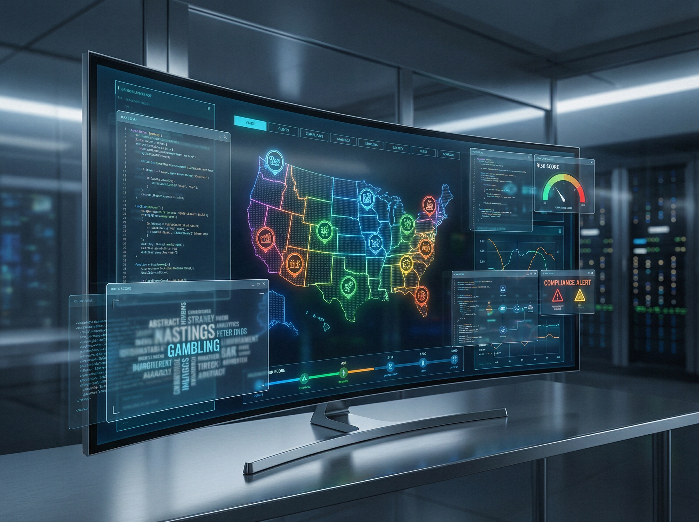 AI negative keyword compliance system analyzing iGaming PPC campaigns across multiple states