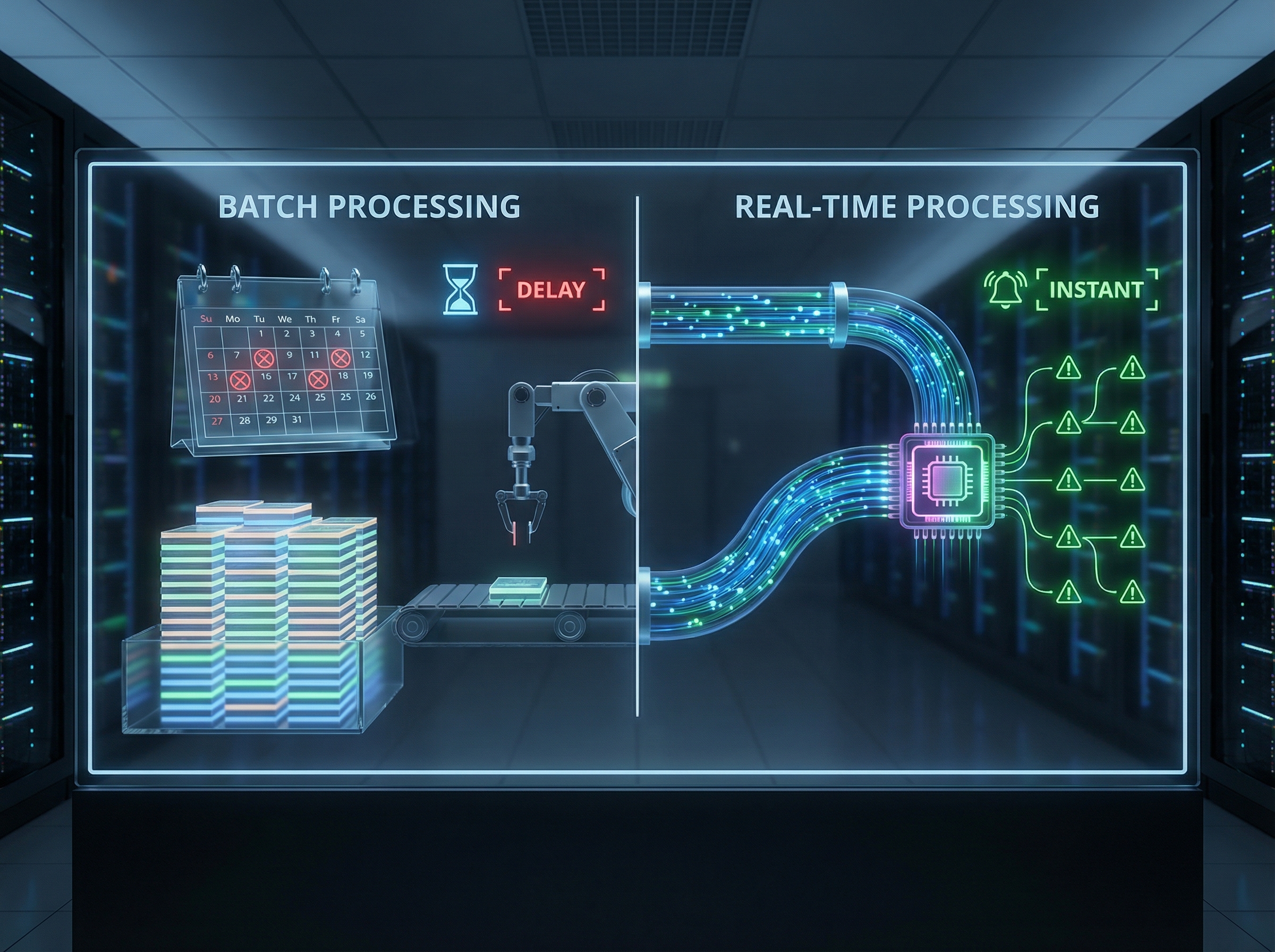 Visual comparison of batch processing versus real-time continuous search term analysis workflows