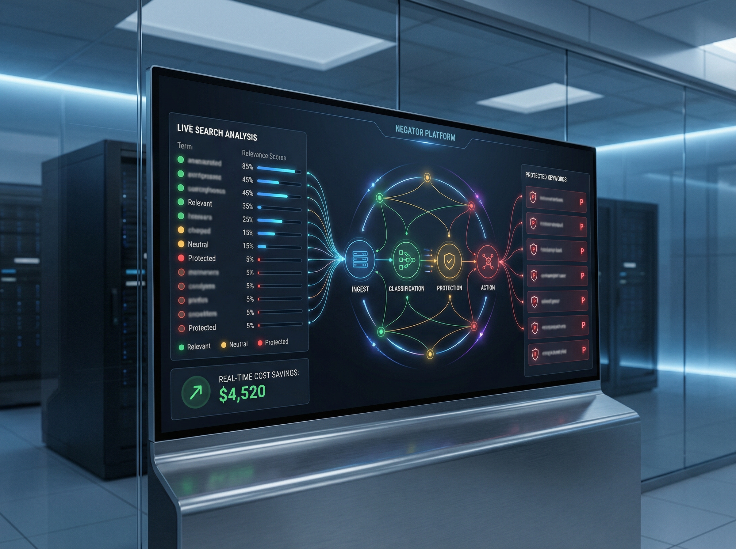 Negator platform dashboard displaying continuous search term analysis and real-time recommendations