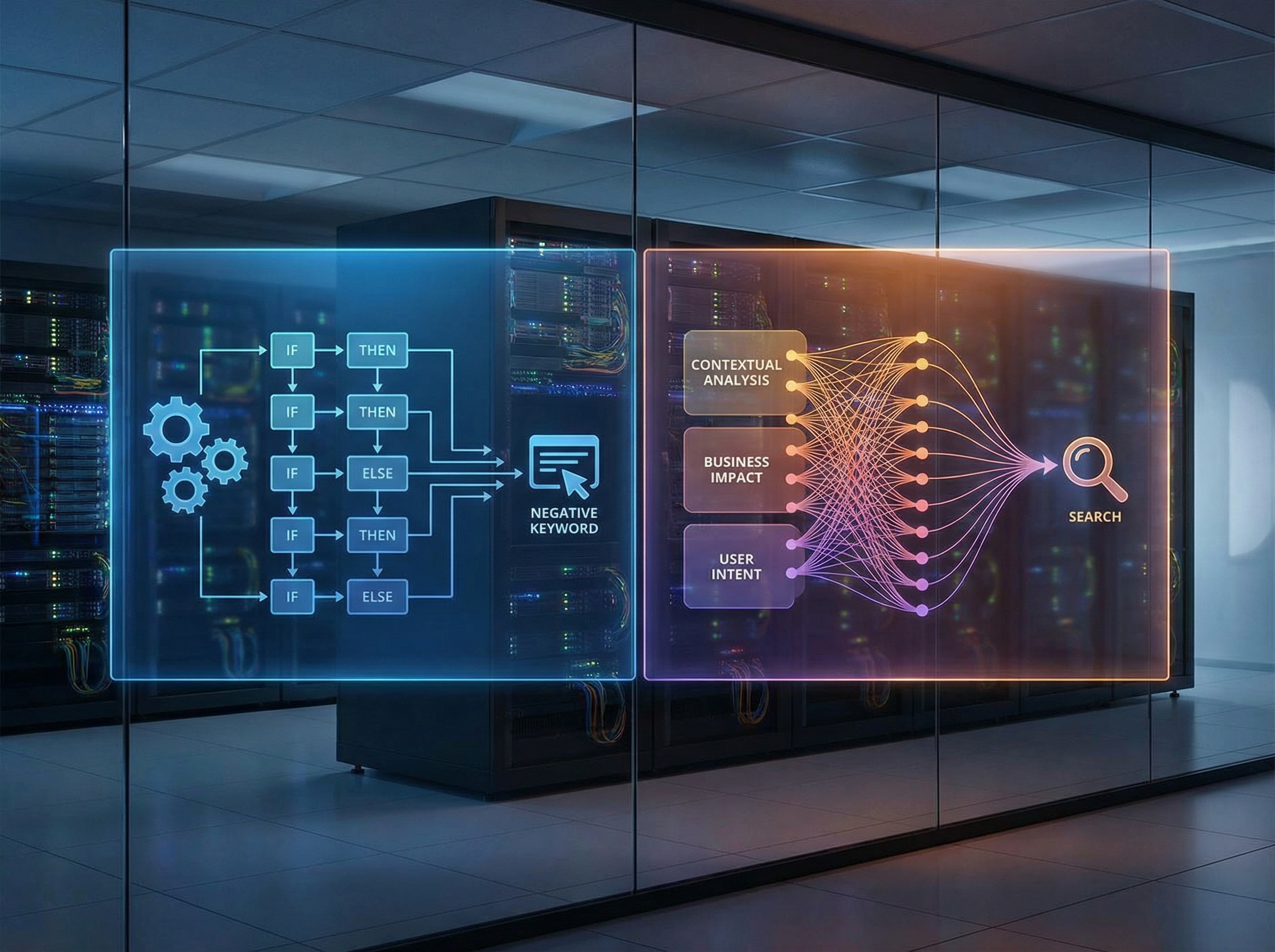 Comparison of rules-based versus AI-powered negative keyword classification approaches