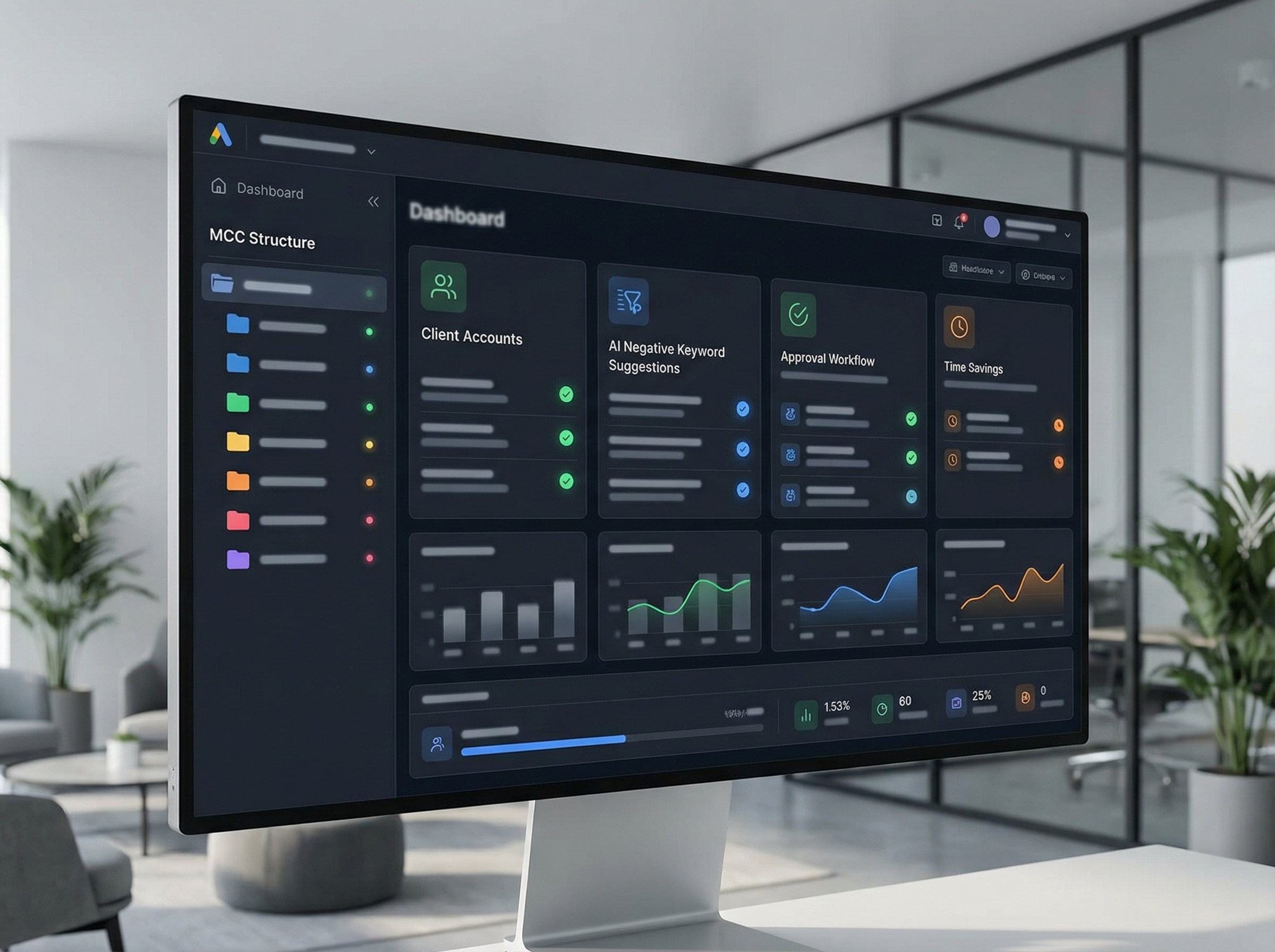 Multi-account negative keyword management dashboard for agency MCC structure