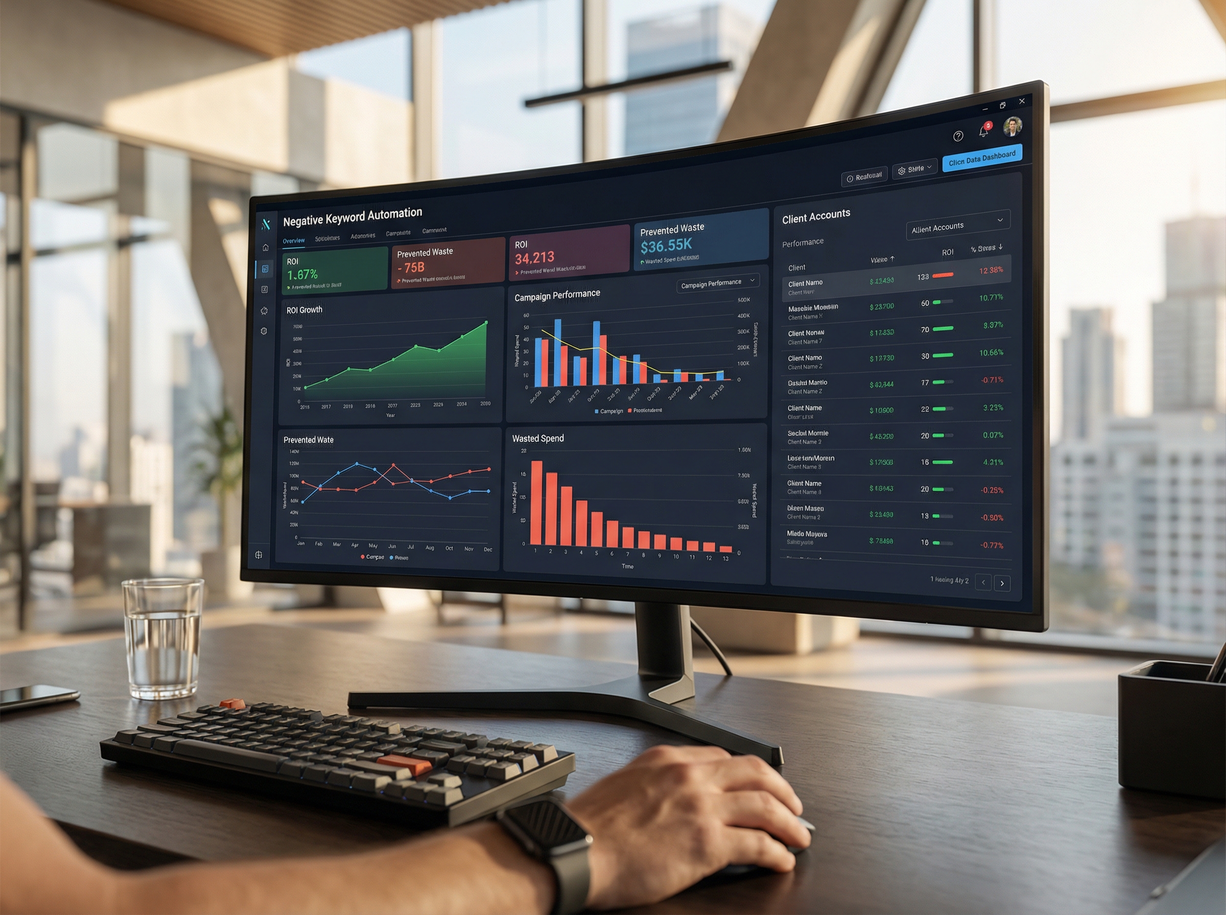 PPC manager evaluating negative keyword automation tool effectiveness with ROI dashboard