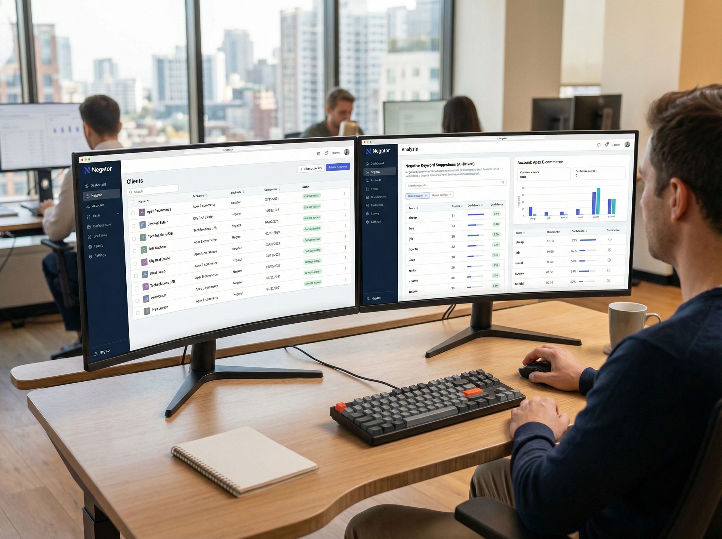 Agency managing multiple client accounts with context-aware negative keyword suggestions