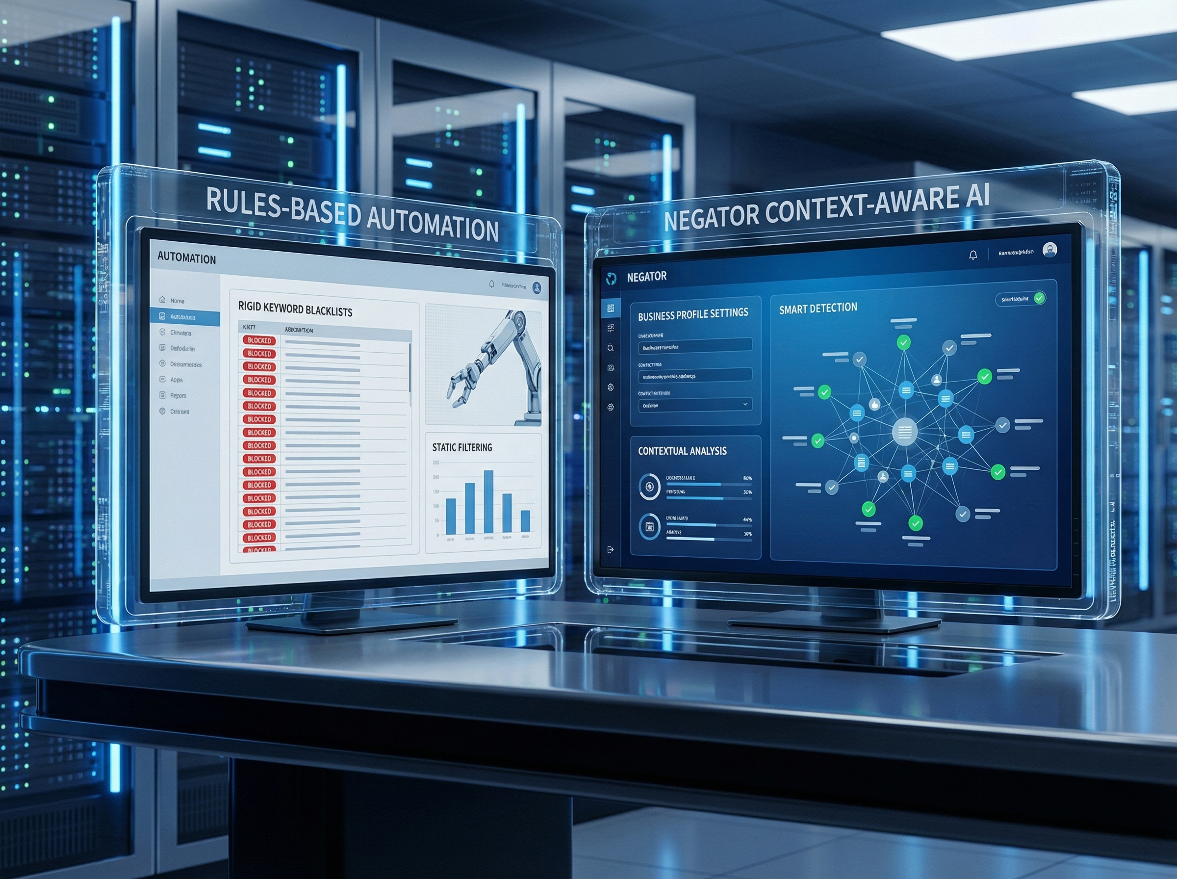 Context-aware AI versus rules-based automation comparison for negative keyword management
