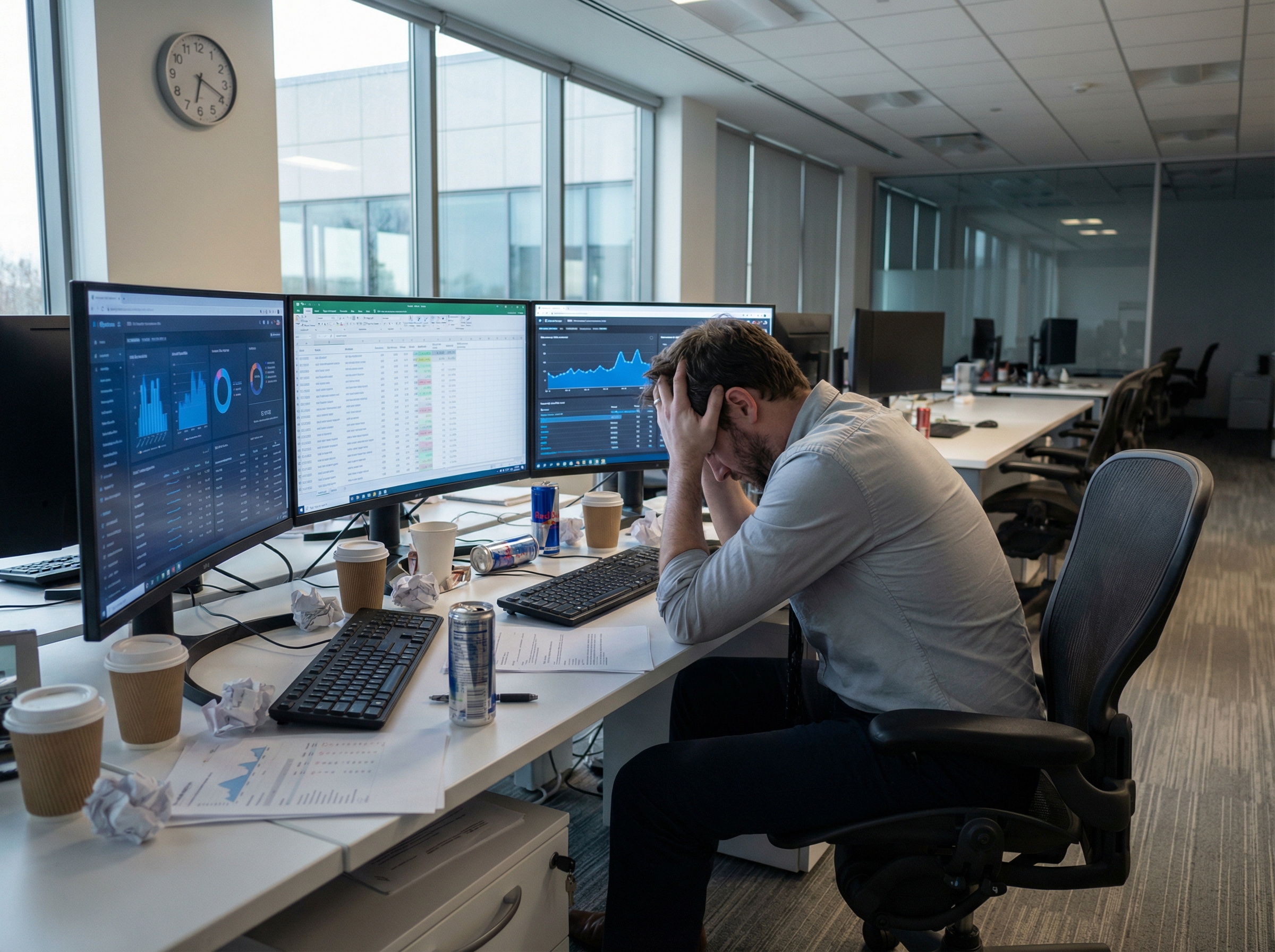 Overwhelmed PPC manager reviewing search term reports across multiple screens