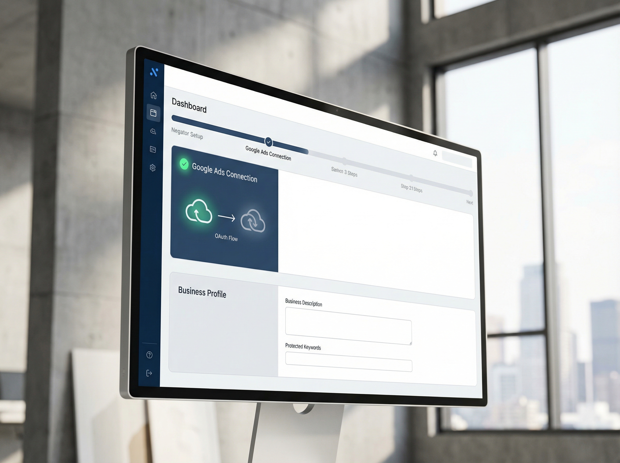 Negator setup dashboard showing Google Ads integration and business context configuration