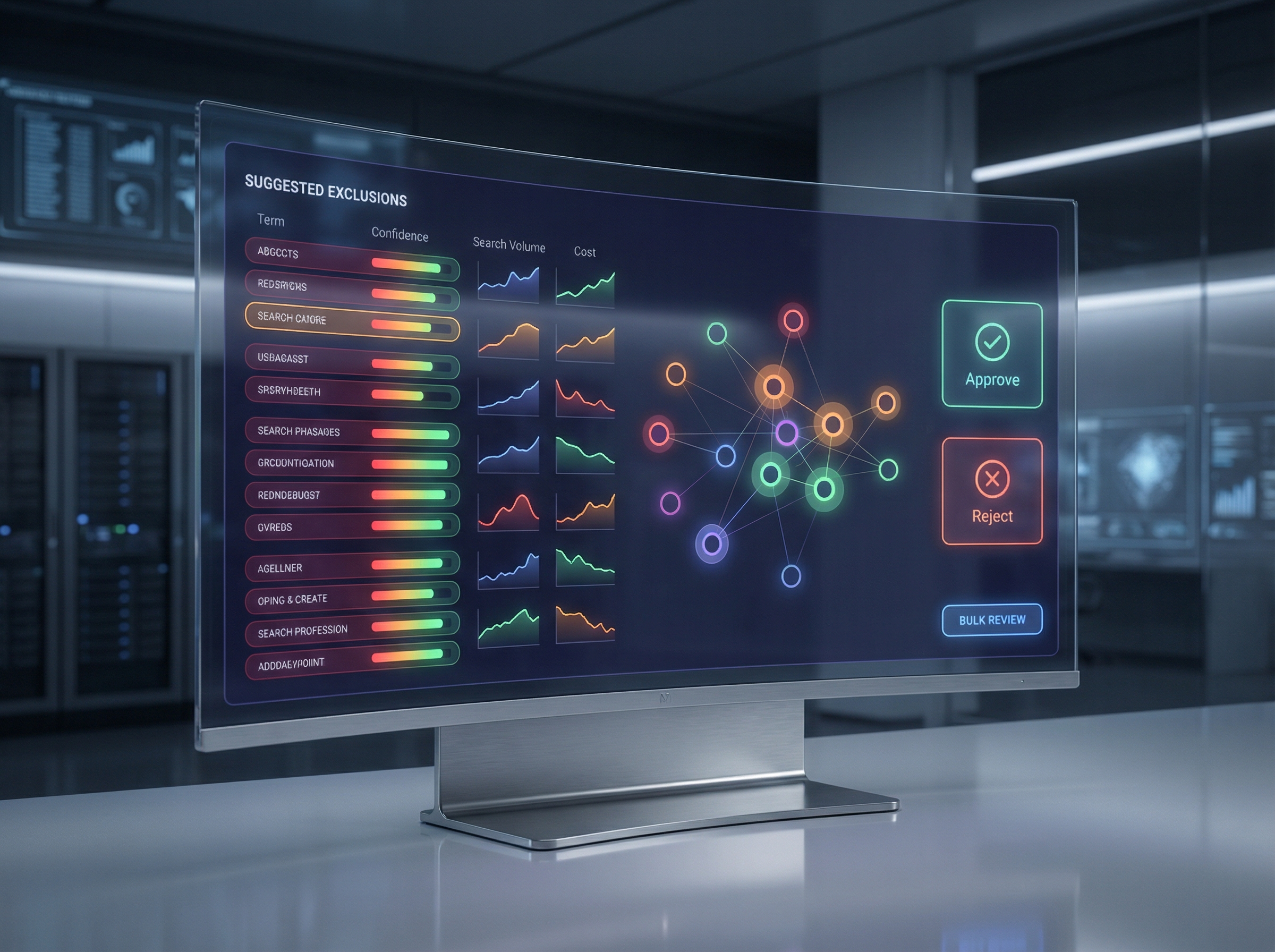 Negative keyword suggestions dashboard with confidence scoring and bulk review interface