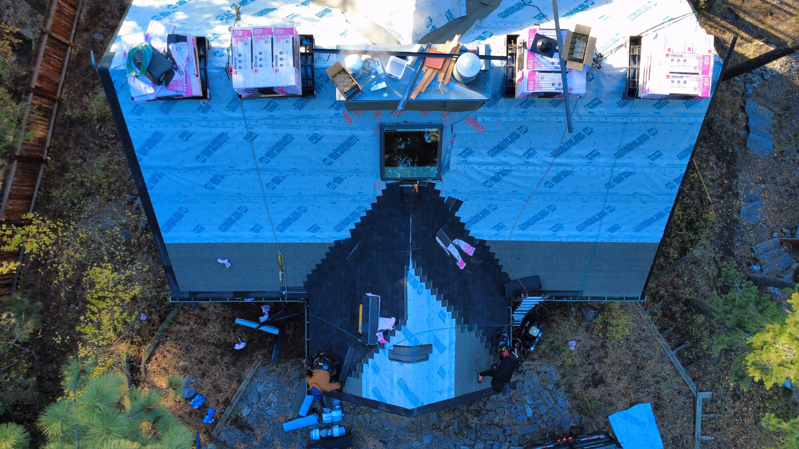 an aerial shot of a roof replacement