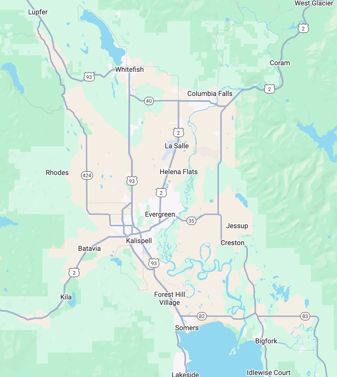 A map of the Kalispell area, including Whitefish, Columbia Falls, Kalispell, Bigfork, and Lakside.