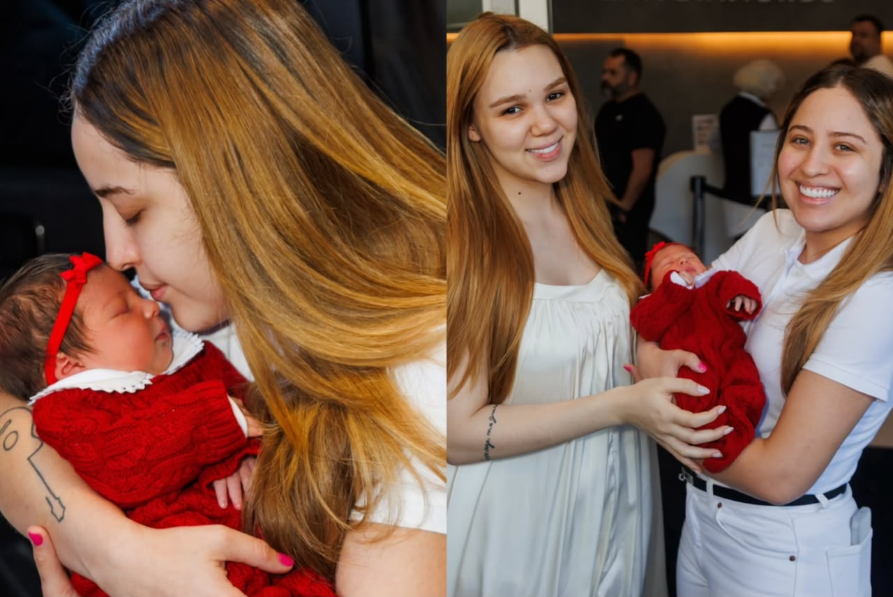 Mari Fernandez e Júlia Ribeiro deixam maternidade com a filha Isabela