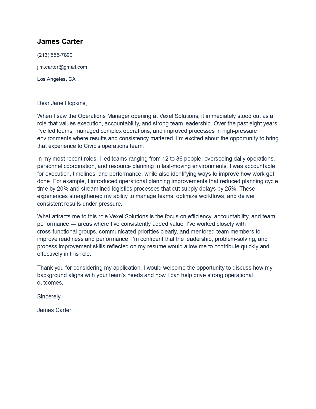 Military to civilian cover letter example