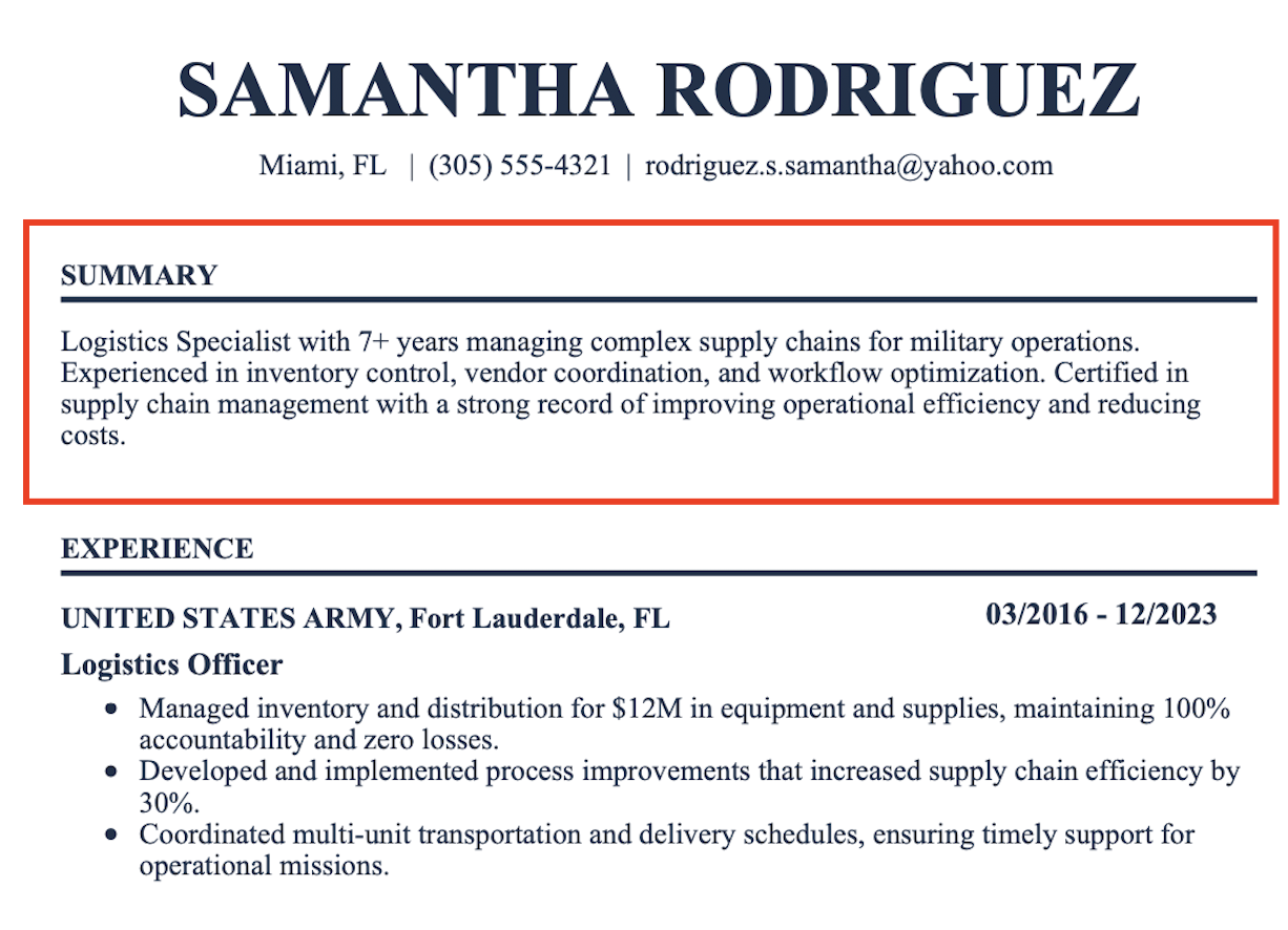 Resume summary military example