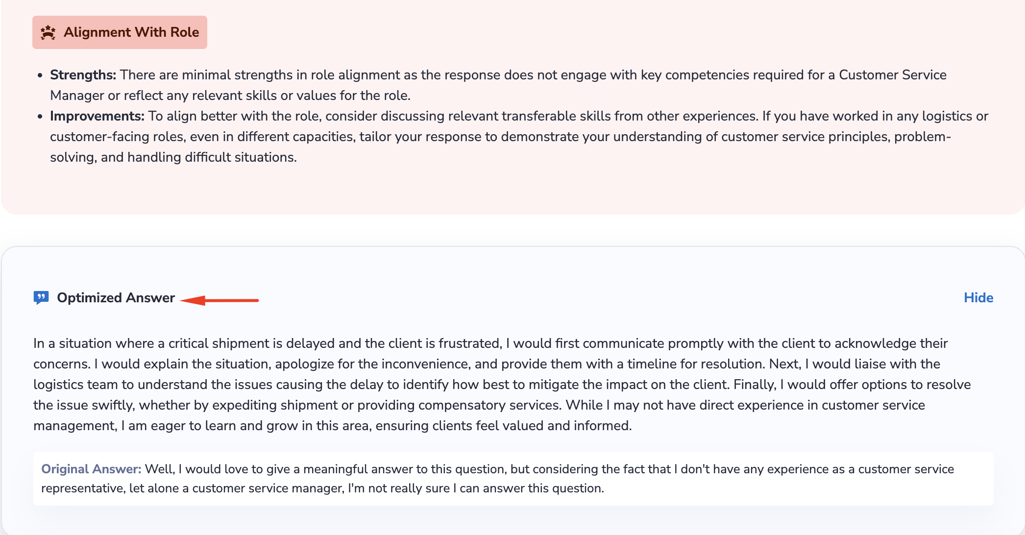 PracticeAI feedback on role alignment