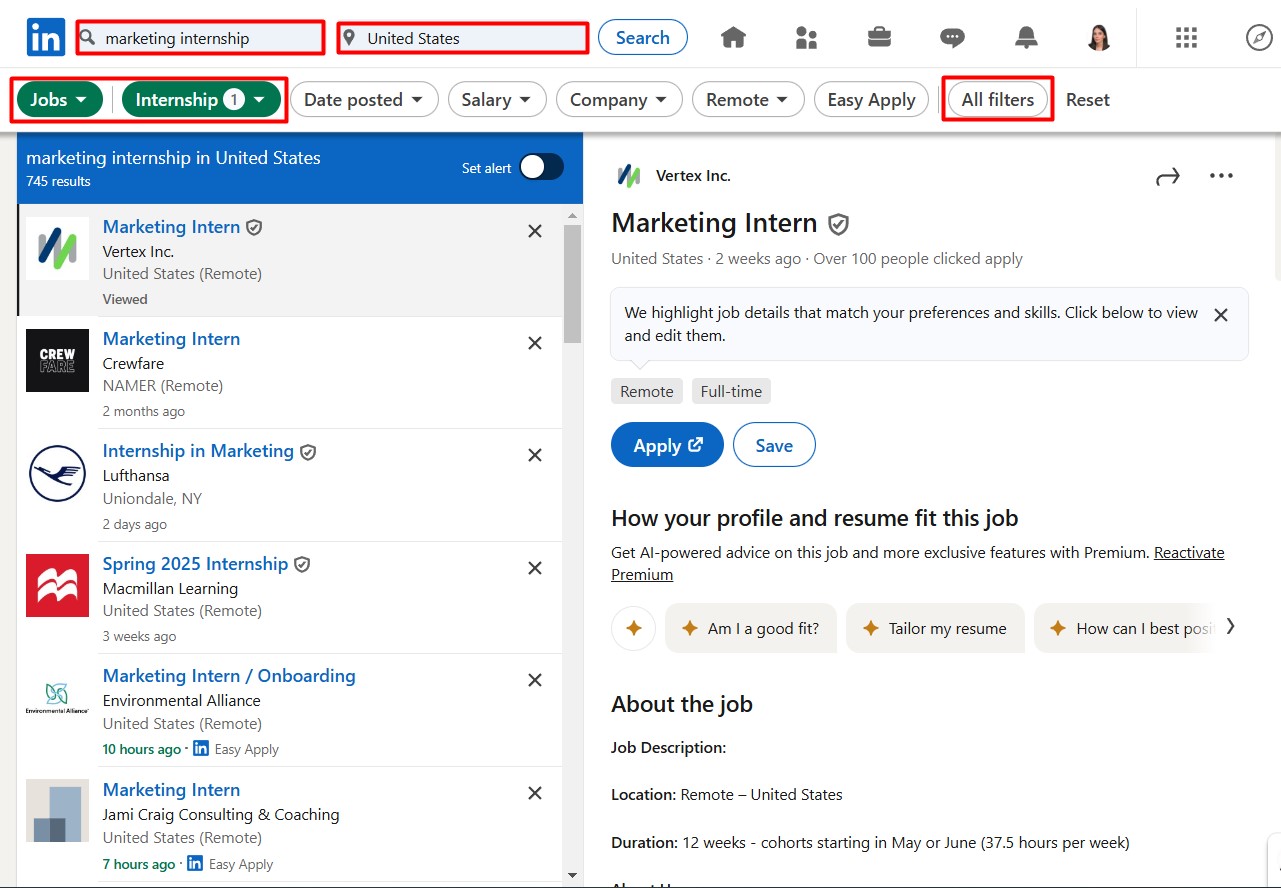LinkedIn internships