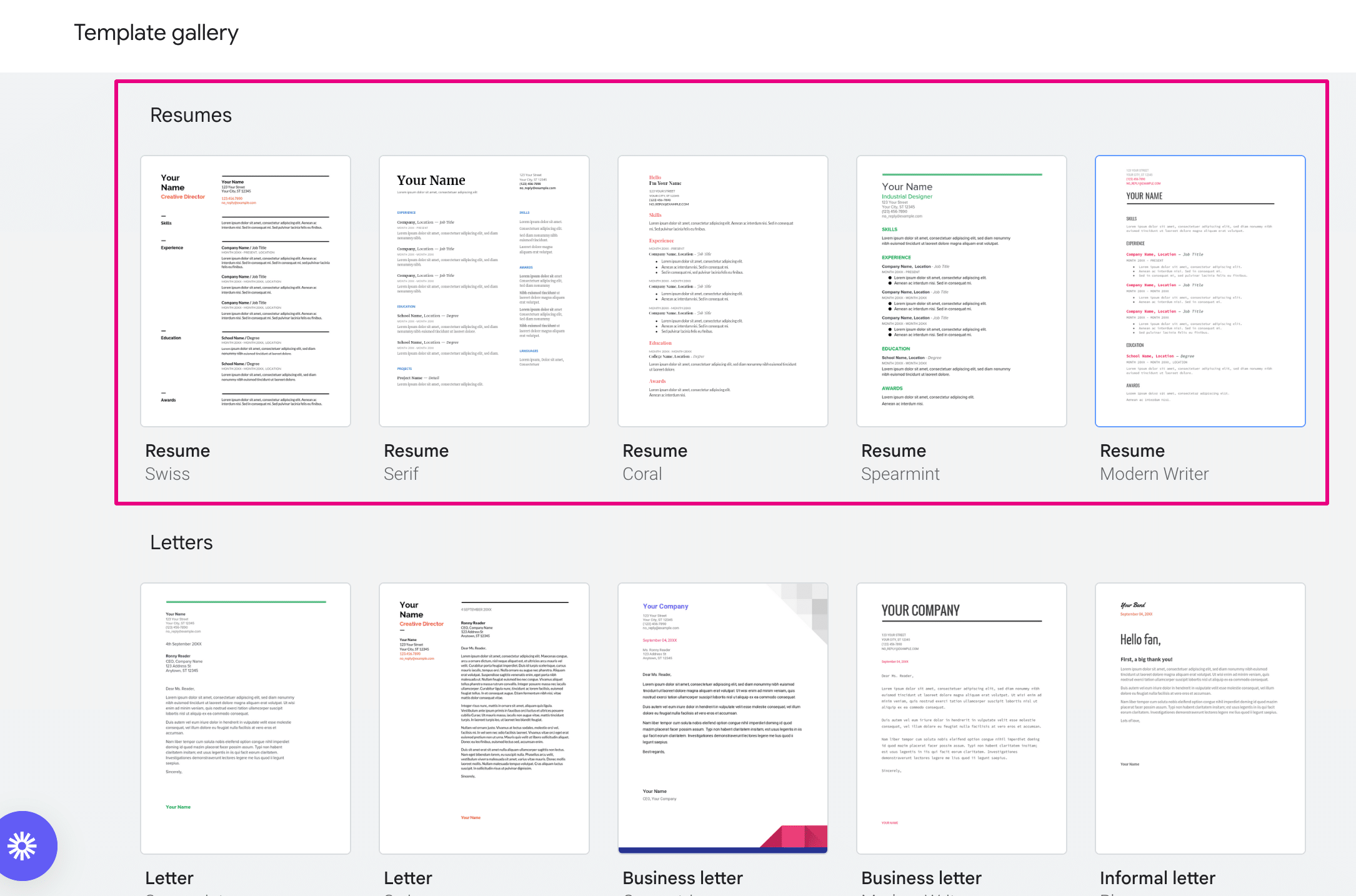 Google Docs resume template gallary
