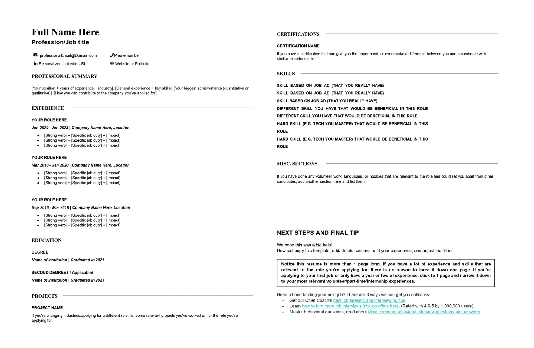 Big Interview Google Doc resume template